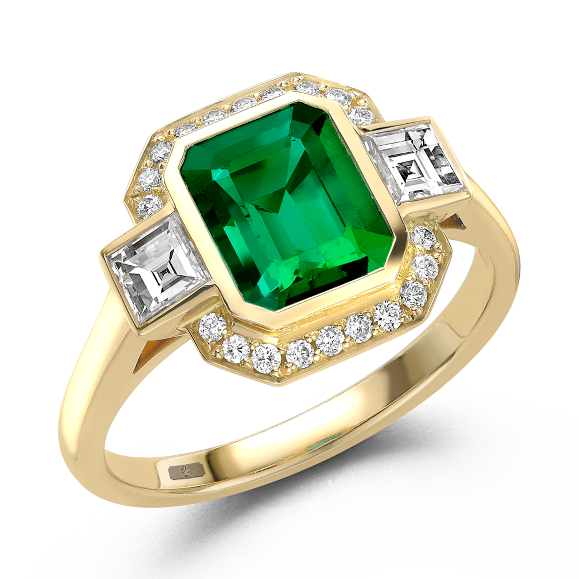 Columbian Trap Cut Emerald Ring Cluster Ring with Carre Cut Shoulders_1