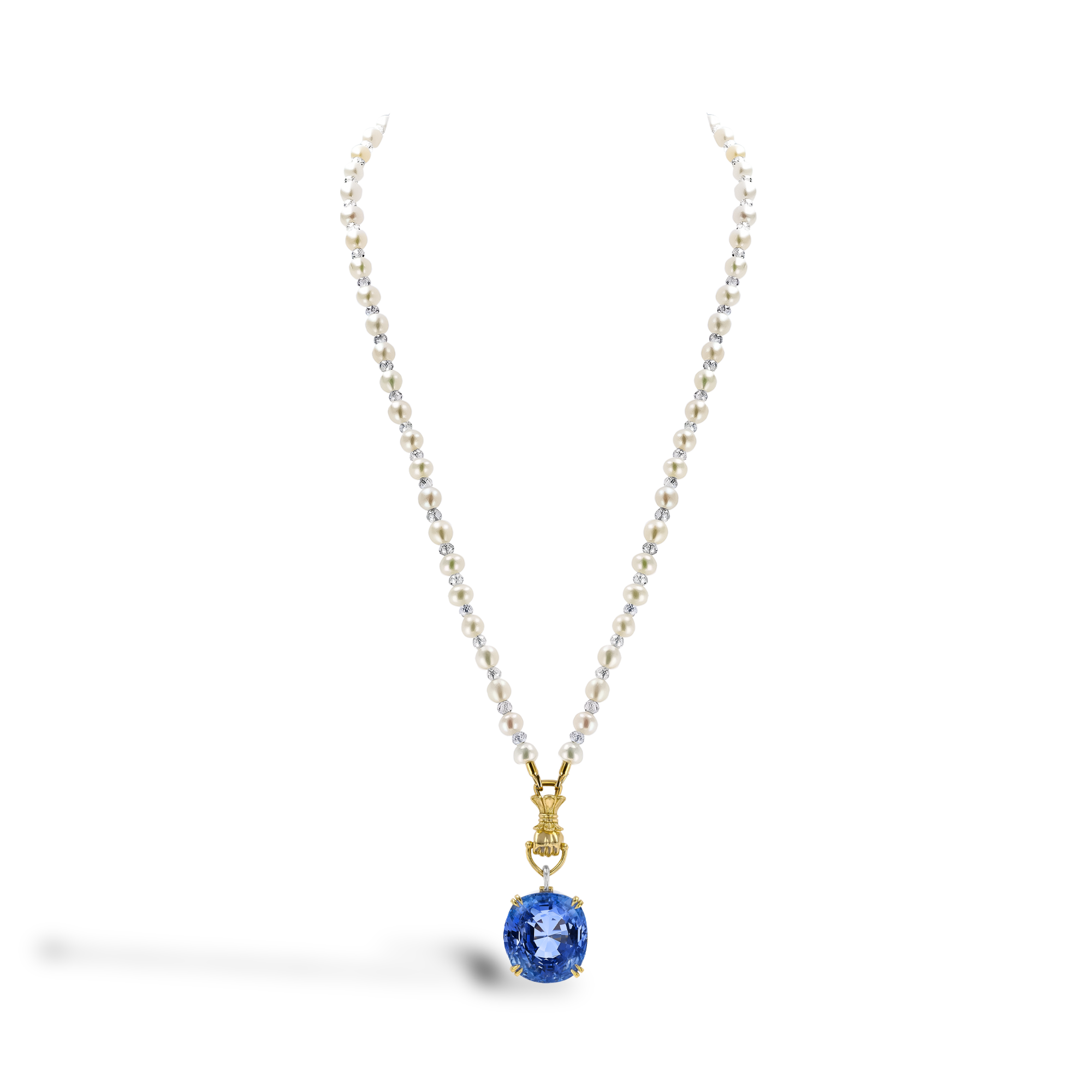 Masterpiece 37.09ct Sri Lankan Sapphire, Keshi Pearl and Diamond Figa Fortune Pendant Antique Cushion & Briolette Cut, Claw Set_2