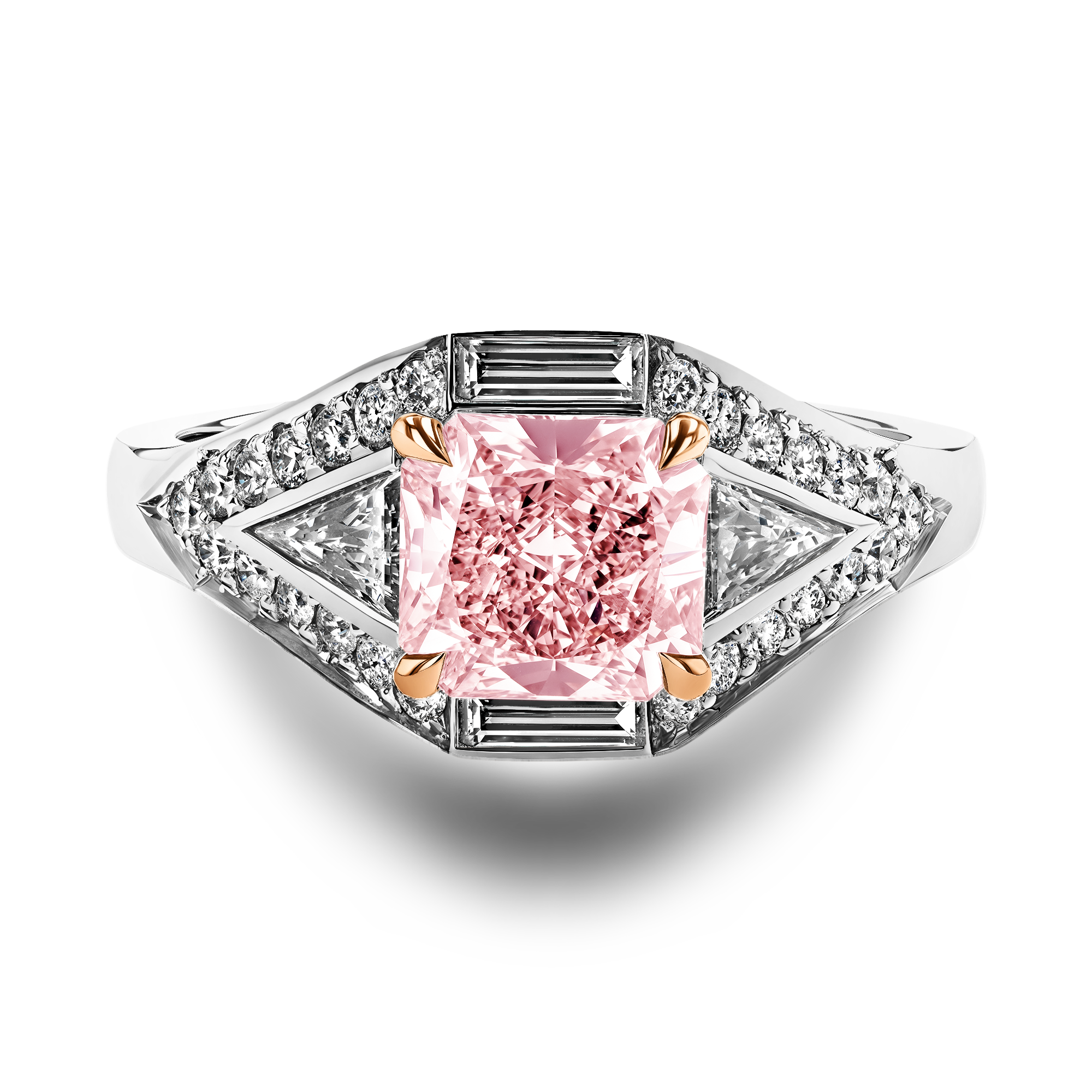 Masterpiece Astoria Fancy Orangy Pink Diamond Ring Radiant, Trillion, Baguette & Brilliant Cut, Claw Set_2