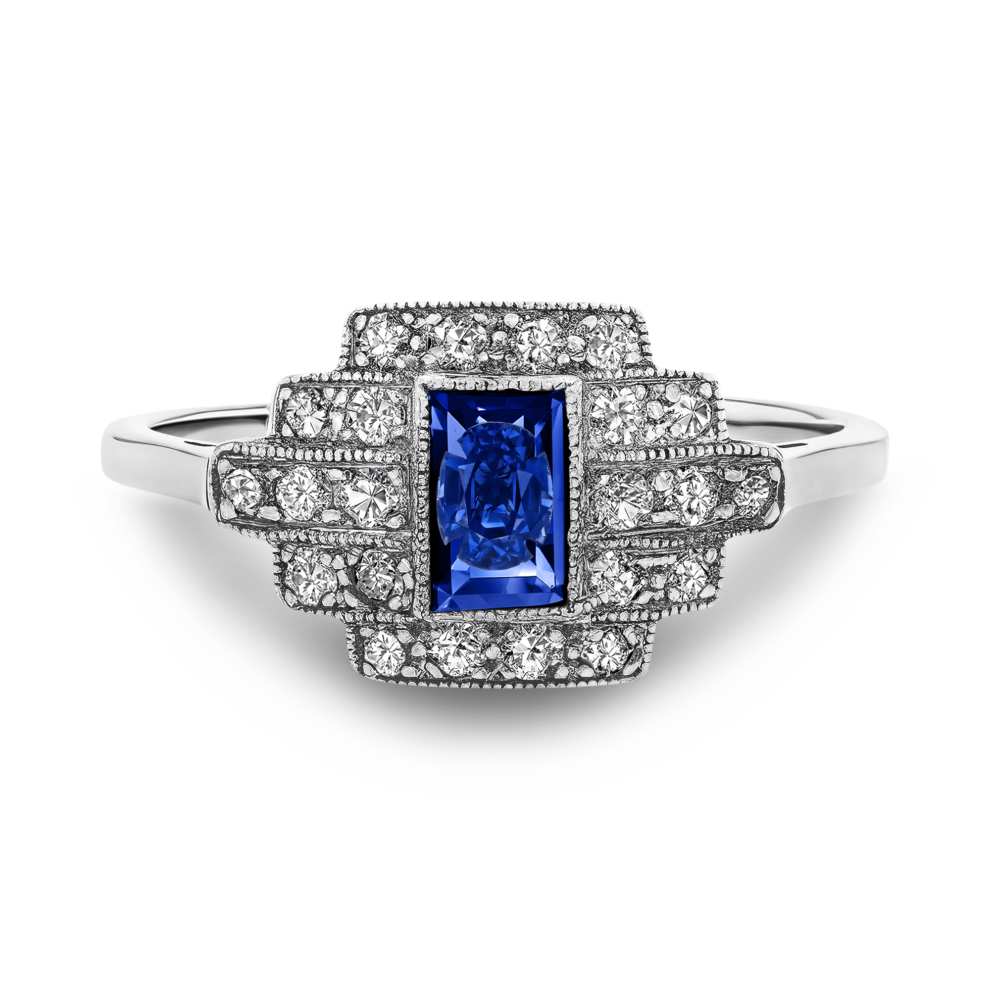 Art Deco Sapphire and Diamond Cluster Ring Emerald Cut, Claw Set_2