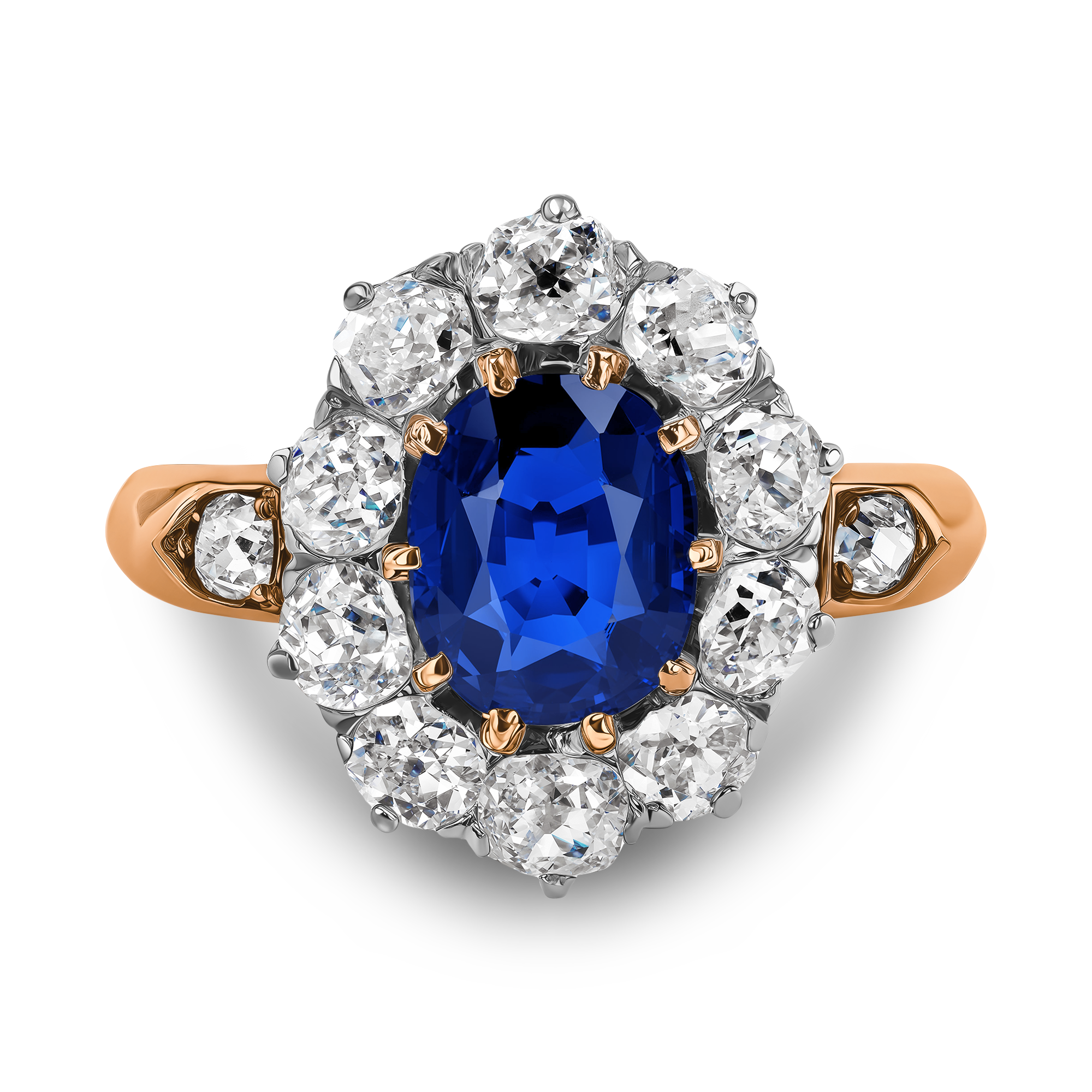 Edwardian 1.10ct Sapphire and Diamond Cluster Ring Cushion Antique Cut, Claw Set_2