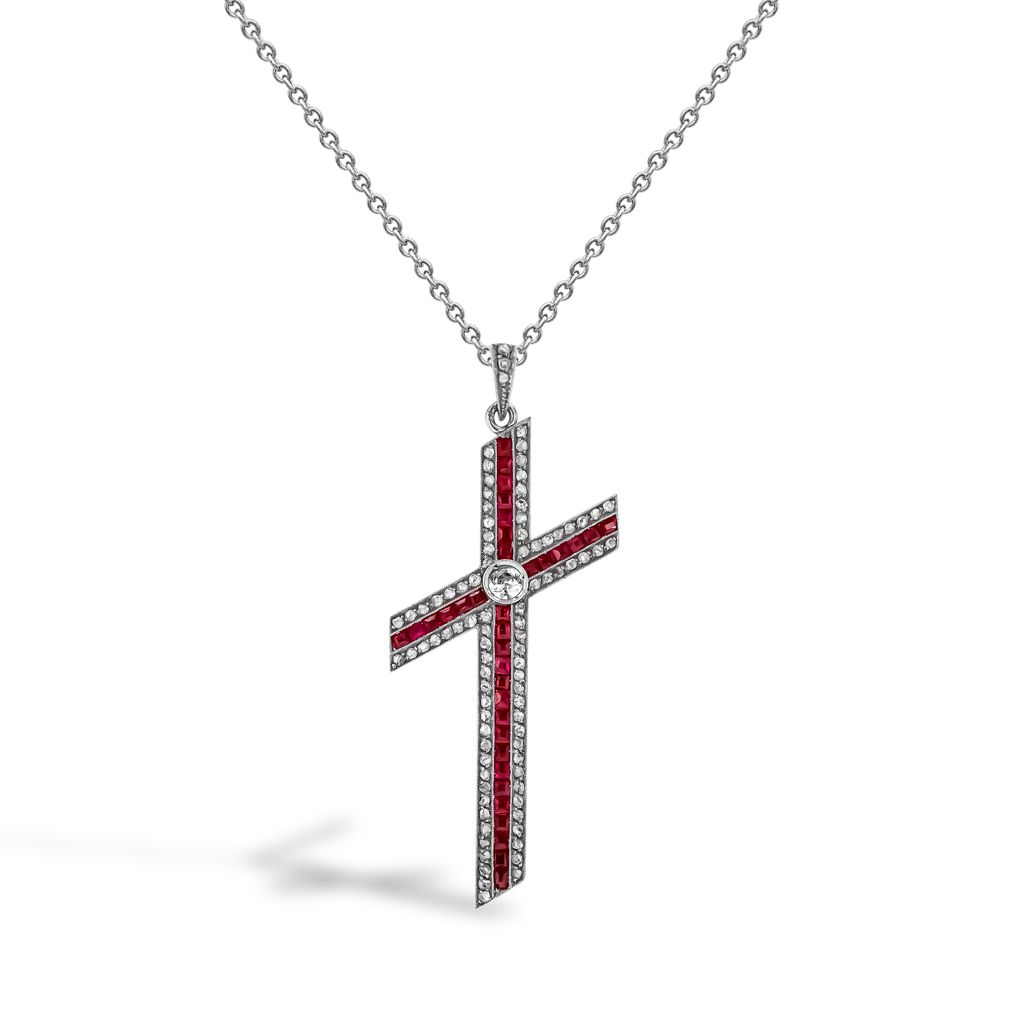 Edwardian Ruby Cross Pendant Old Cut, Millegrain Set_1