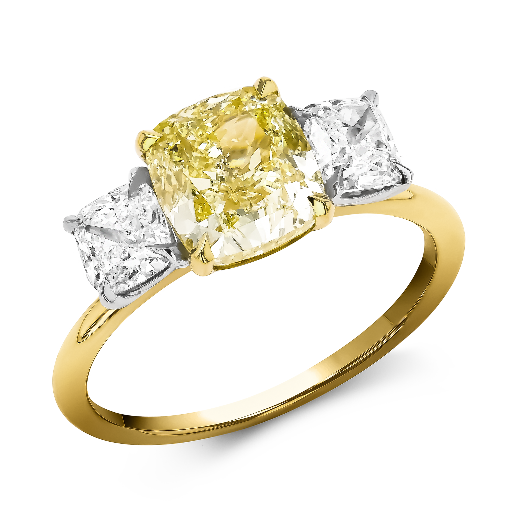 Fancy Yellow Three Stone Diamond Ring Cushion modern cut, Claw set_1