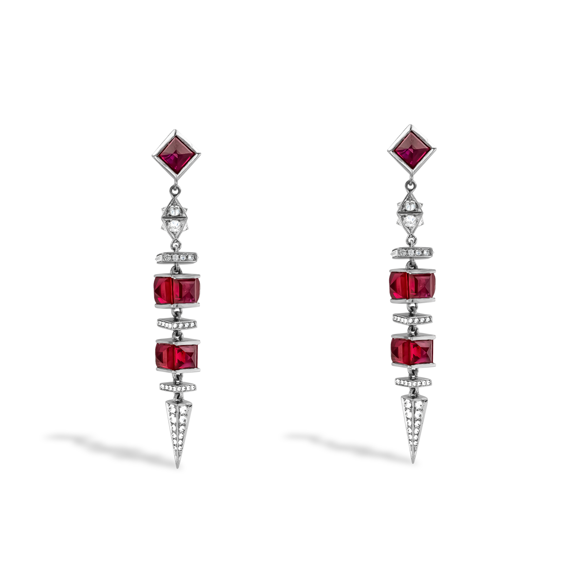 Carré Cut 7.85ct Ruby and Diamond Drop Earrings Carré & Brilliant Cut, Rubover Set_1