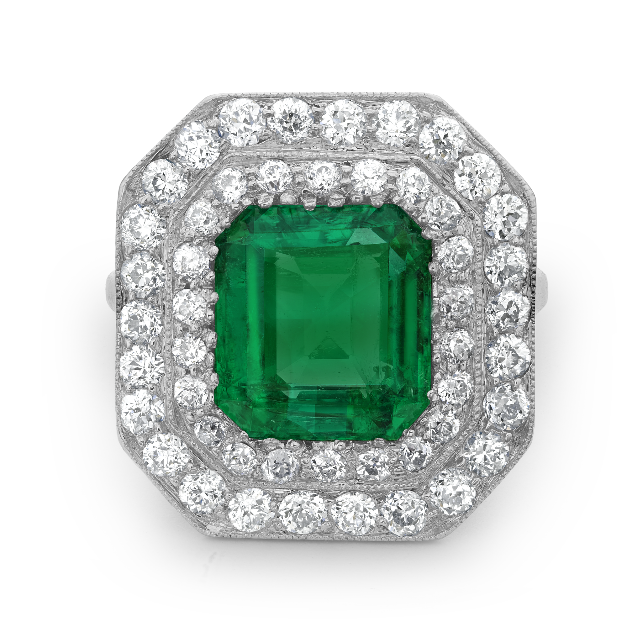 Spaulding & Co Edwardian Colombian Emerald Ring Rectangular and Old Cut, Millegrain Set_2