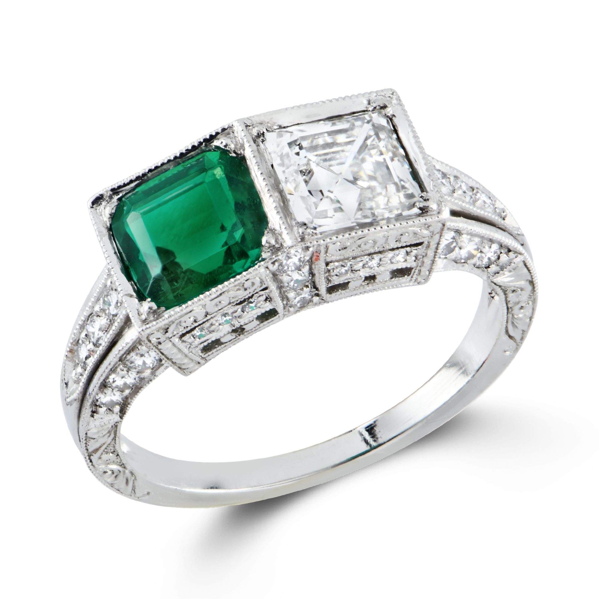 Art Deco Diamond & Emerald Ring Step Cut Two Stone Ring, with Diamond Surround_1