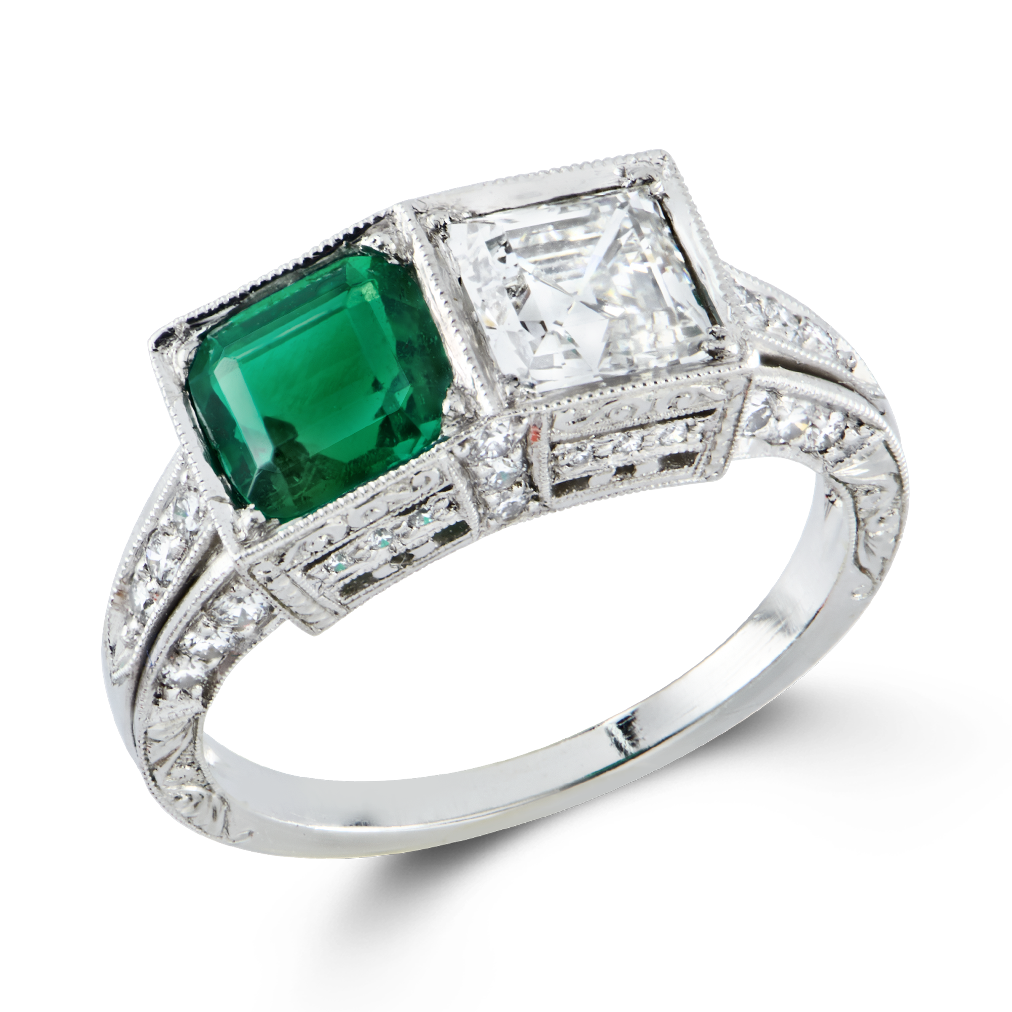 Art Deco 1.01ct Emerald and Diamond Two Stone Ring Square Step Cut, Claw Set_1