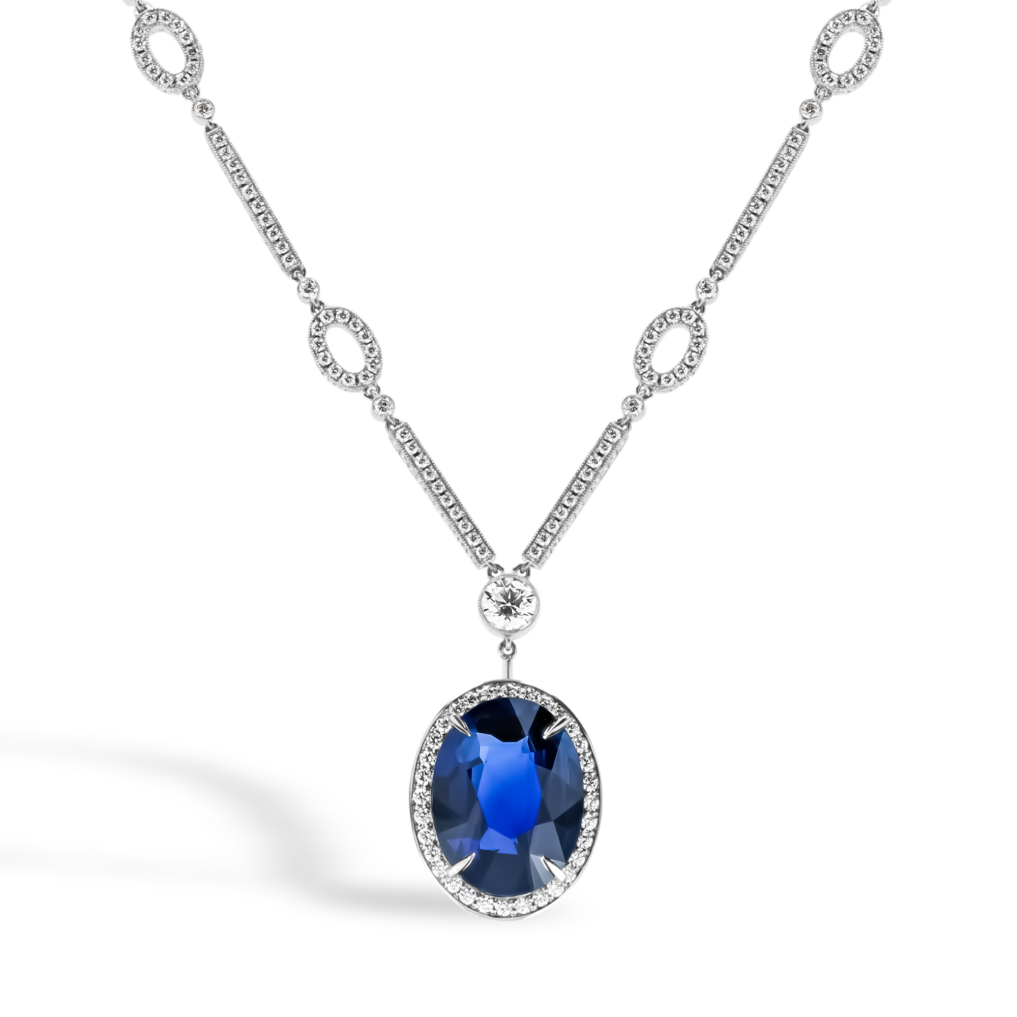 Masterpiece Sri-Lankan Sapphire and Diamond Drop Necklace Oval & Brilliant Cut, Claw Set_1