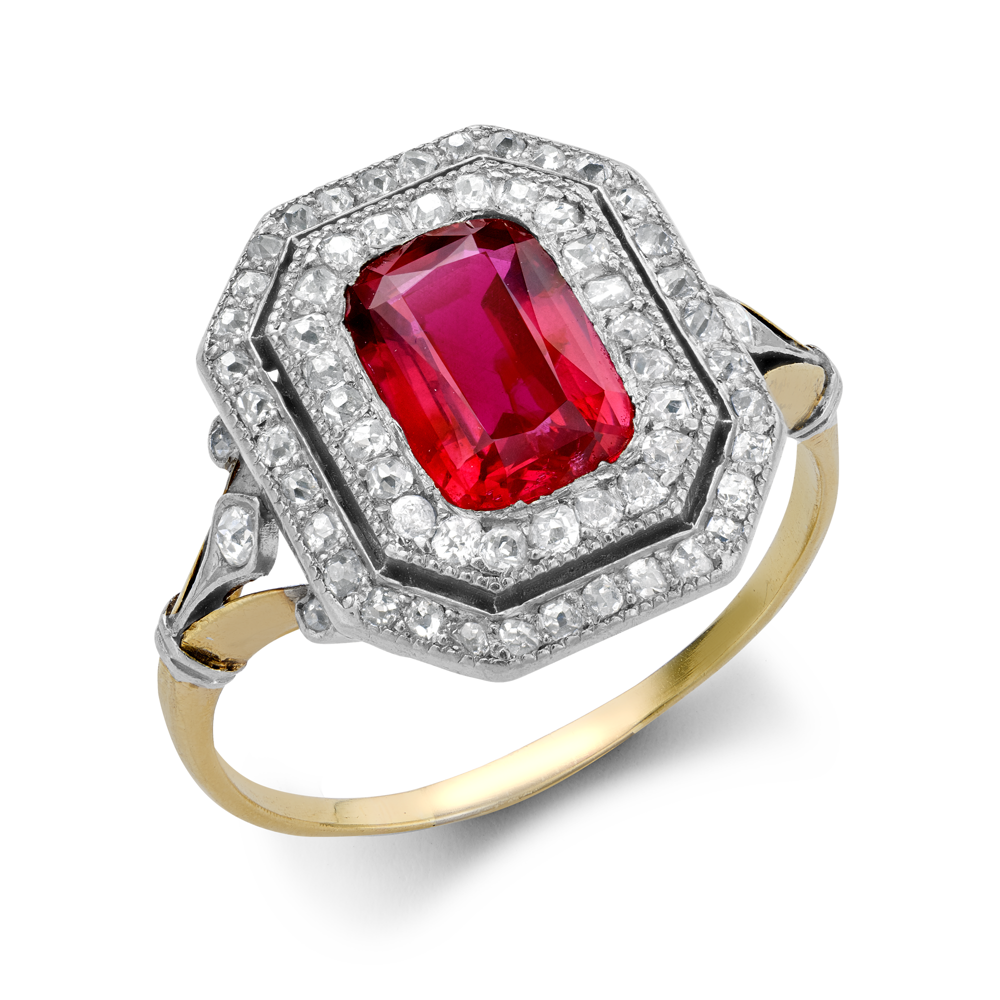 Edwardian Ruby Cluster Ring with a Two Row Diamond Surround Cushion Antique Cut, Millegrain Set_1