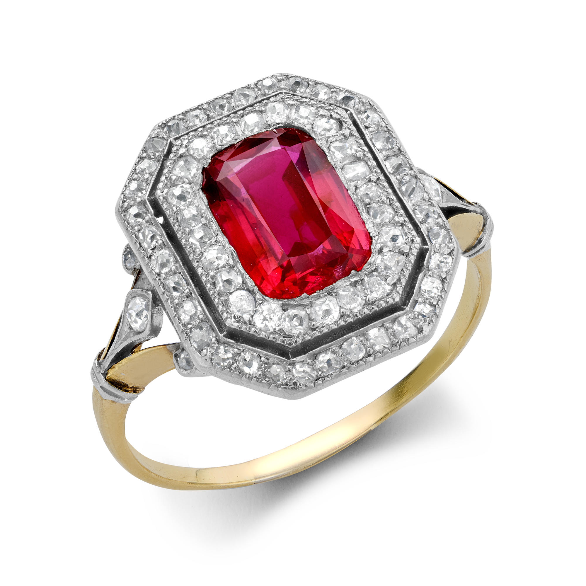 Edwardian 1.50ct Burmese Ruby and Diamond Cluster Ring Cushion Antique Cut, Millegrain Set_1