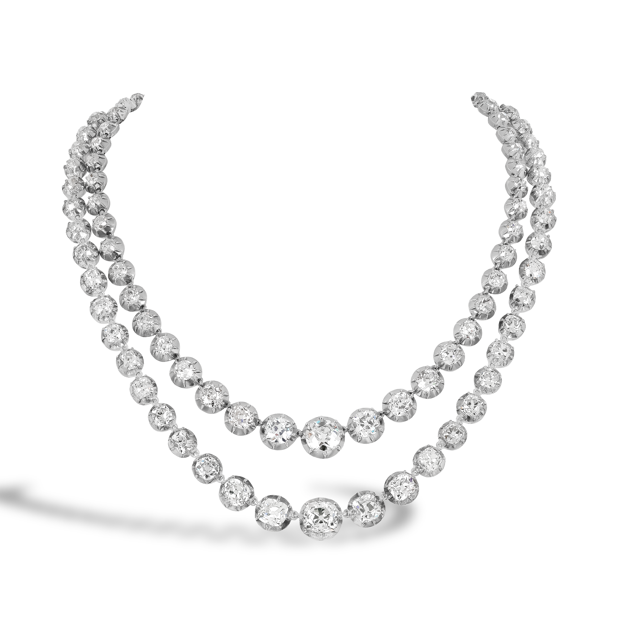 Victorian Two-Row Old Cut 69.00ct Diamond Necklace Old Mine Cut, Rubover Set_1
