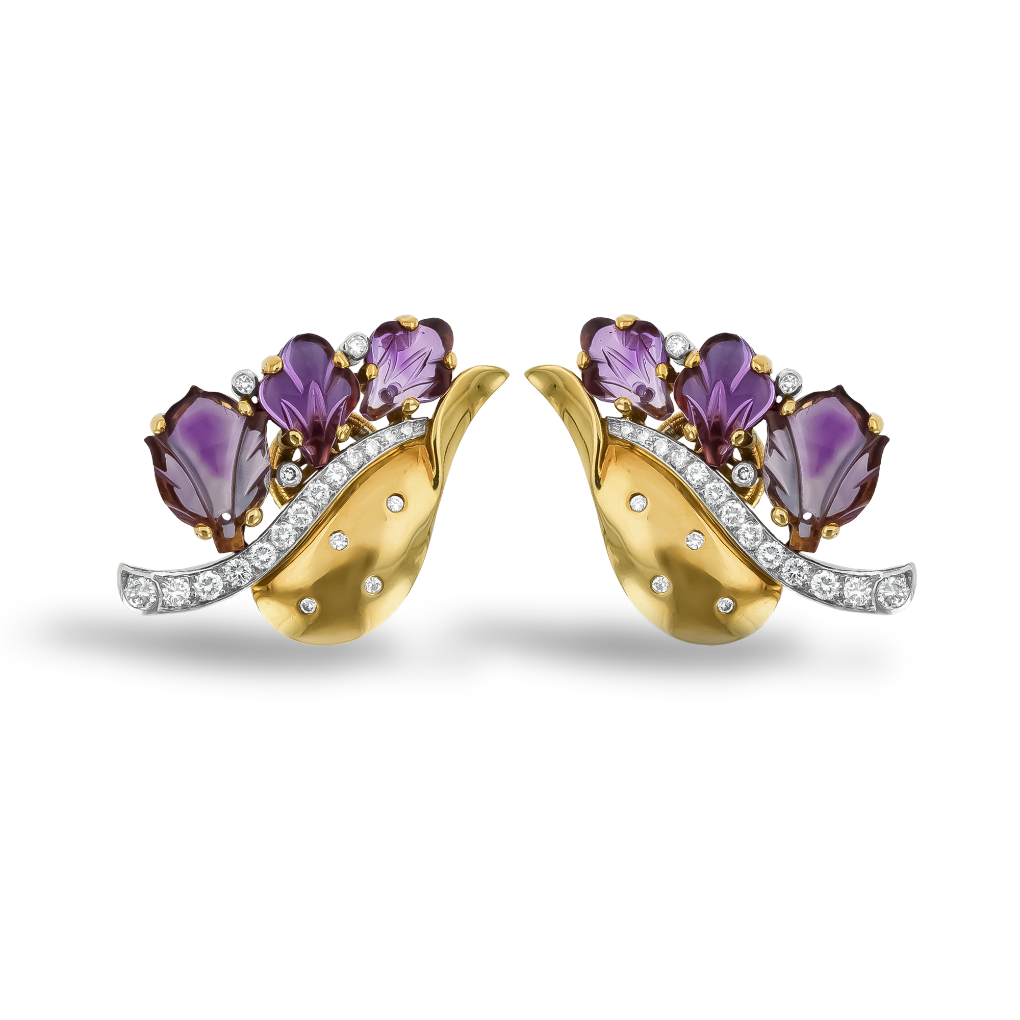 Retro Cartier Amethyst and Diamond Leaf Earrings Mixed Cut, Claw Set_1