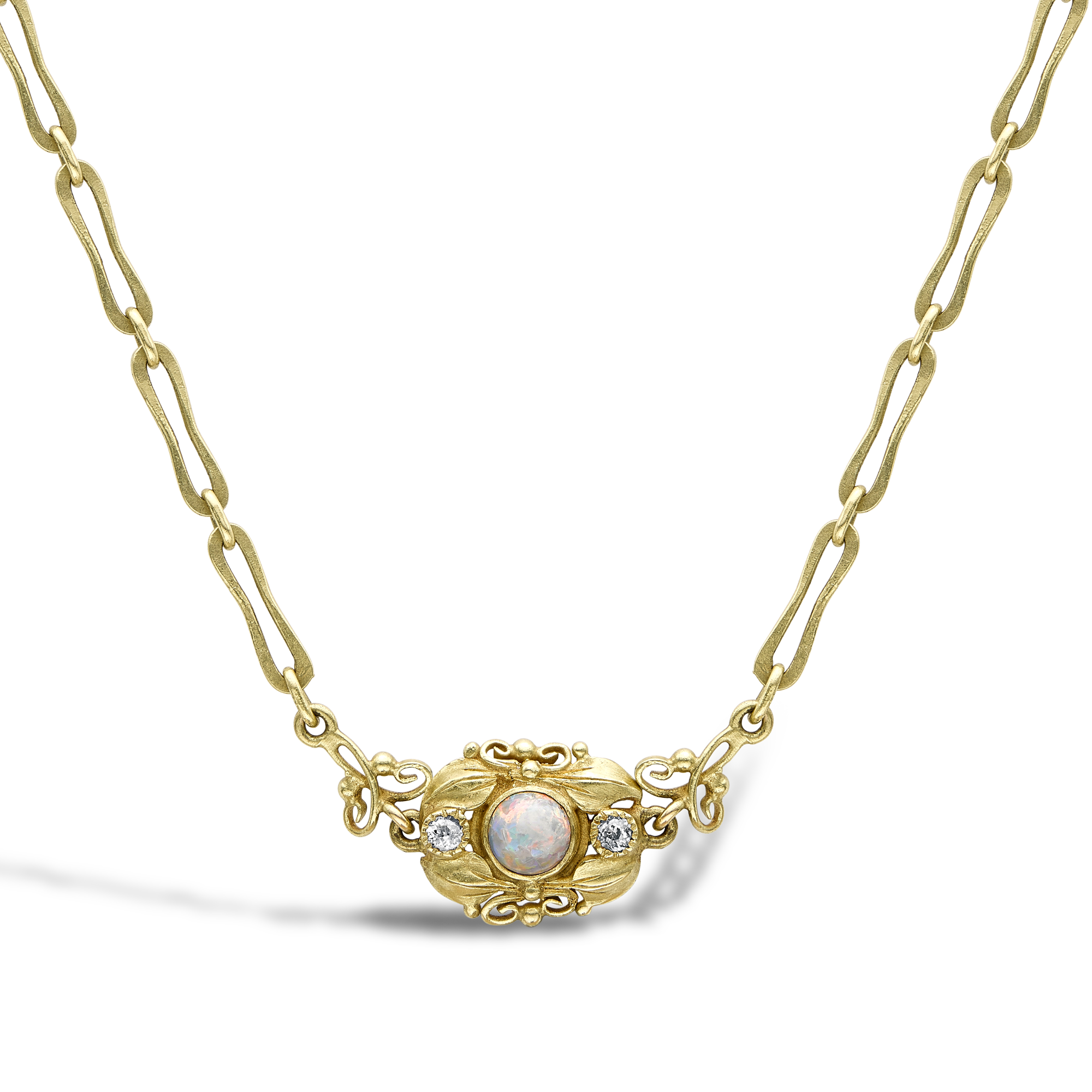 Art Nouveau Cabochon Opal & Diamond Long Chain Necklace Cabochon & Old Cut, Rubover Set_2