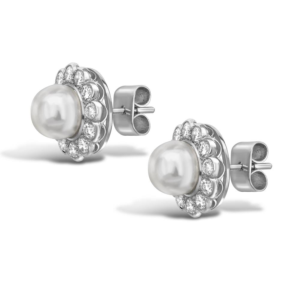 Contemporary Natural Pearl Ear Studs Natural Pearl Studs, with Diamond Surrounds_2