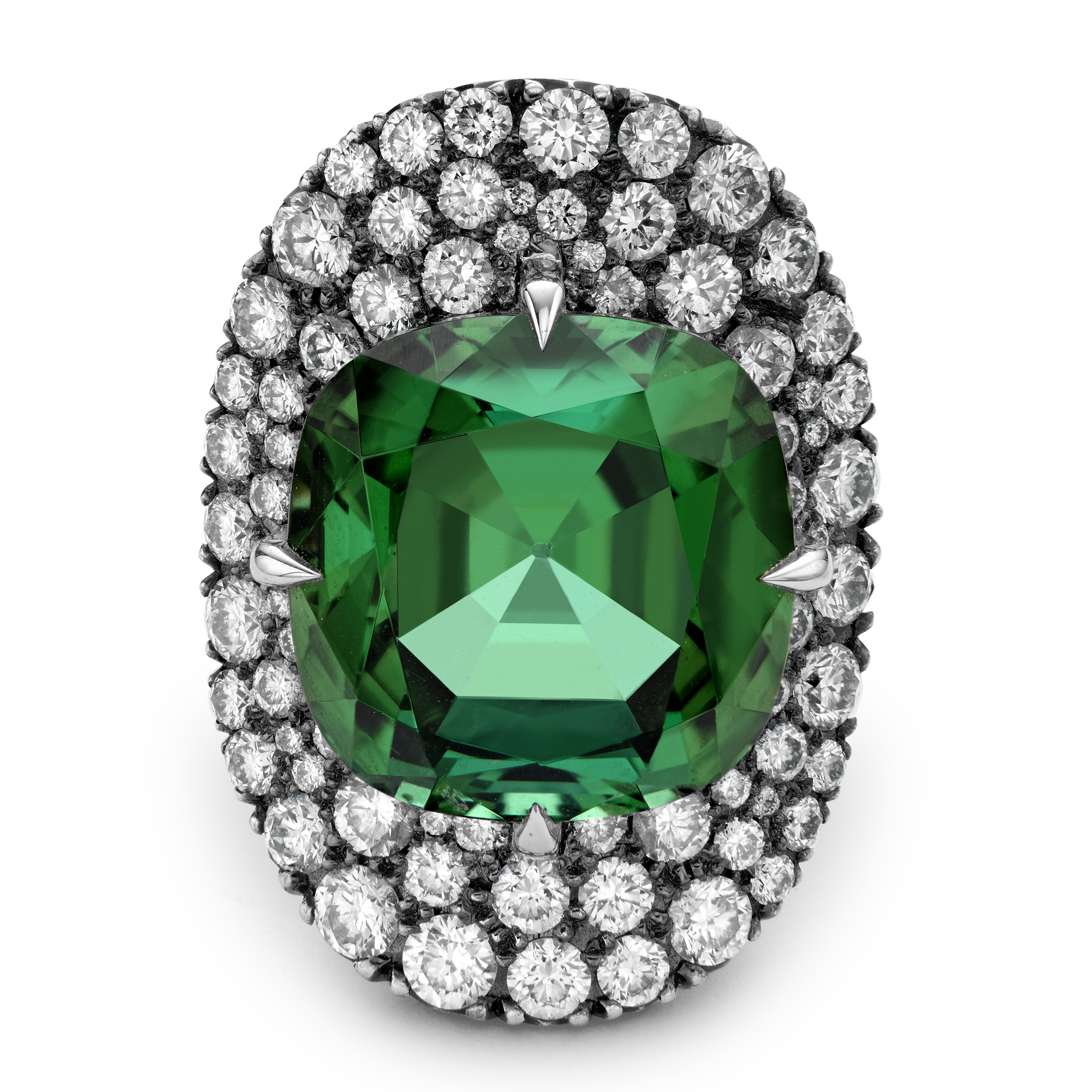 Snowstorm Green Tourmaline and Diamond Ring Cushion & Brilliant Cut, Claw & Pave Set_2