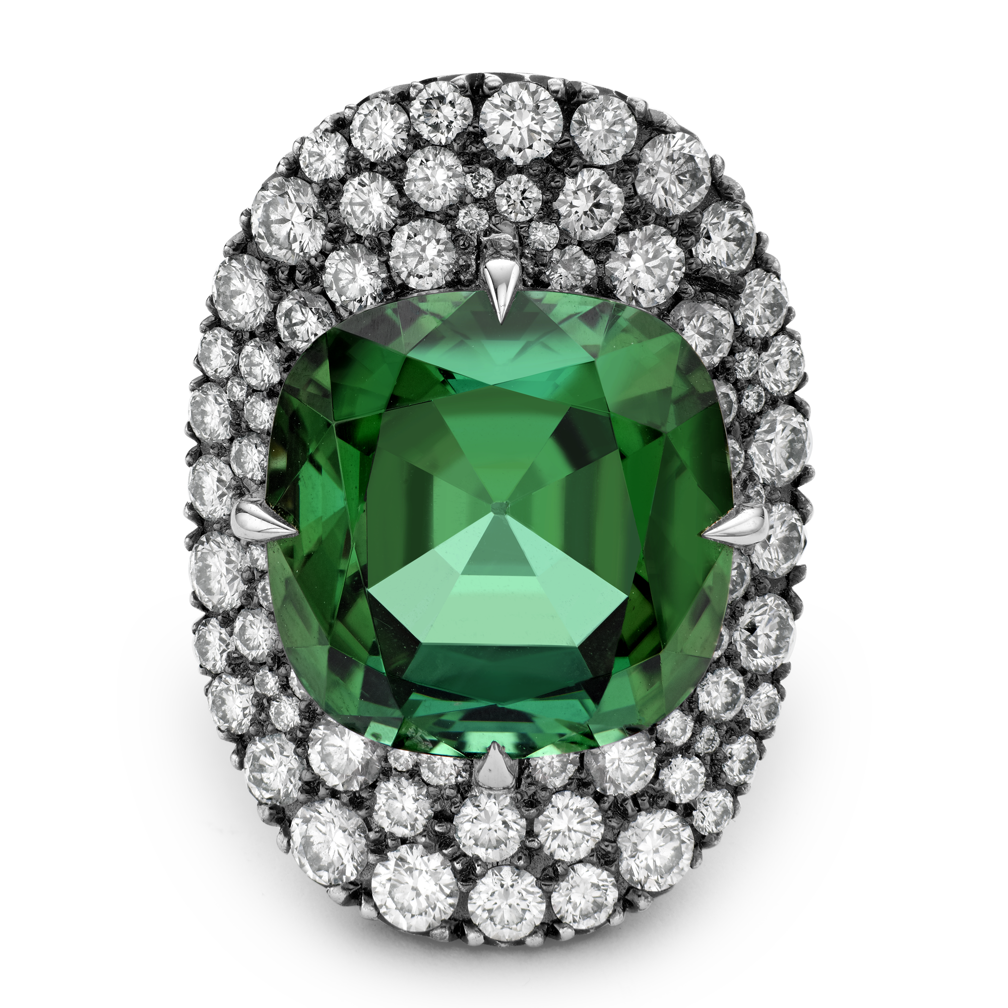 Masterpiece Snowstorm Green Tourmaline and Diamond Ring Cushion & Brilliant Cut, Claw & Pave Set_2