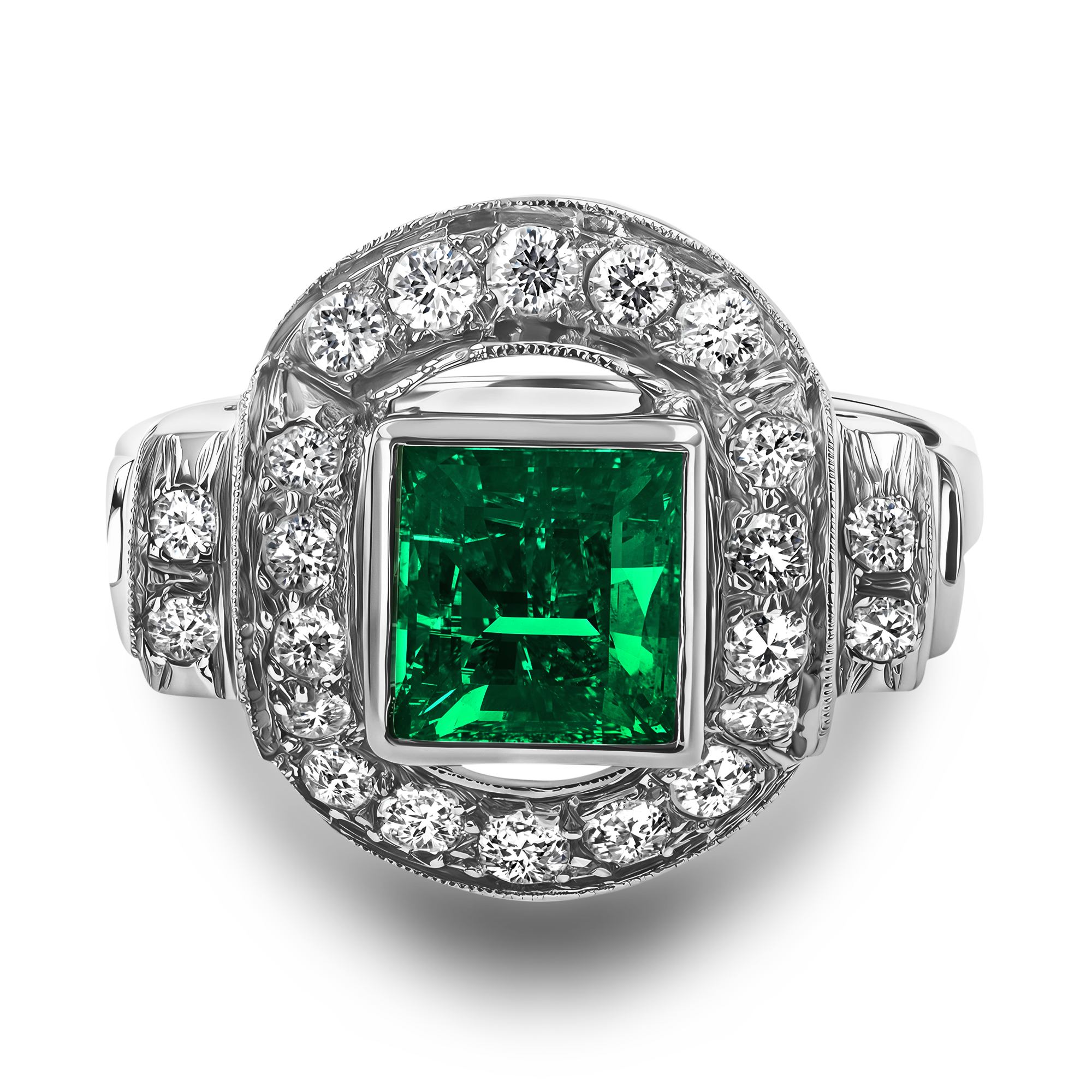 Art Deco Emerald and Diamond Cocktail Ring Emerald Cut, Rubover Set_2