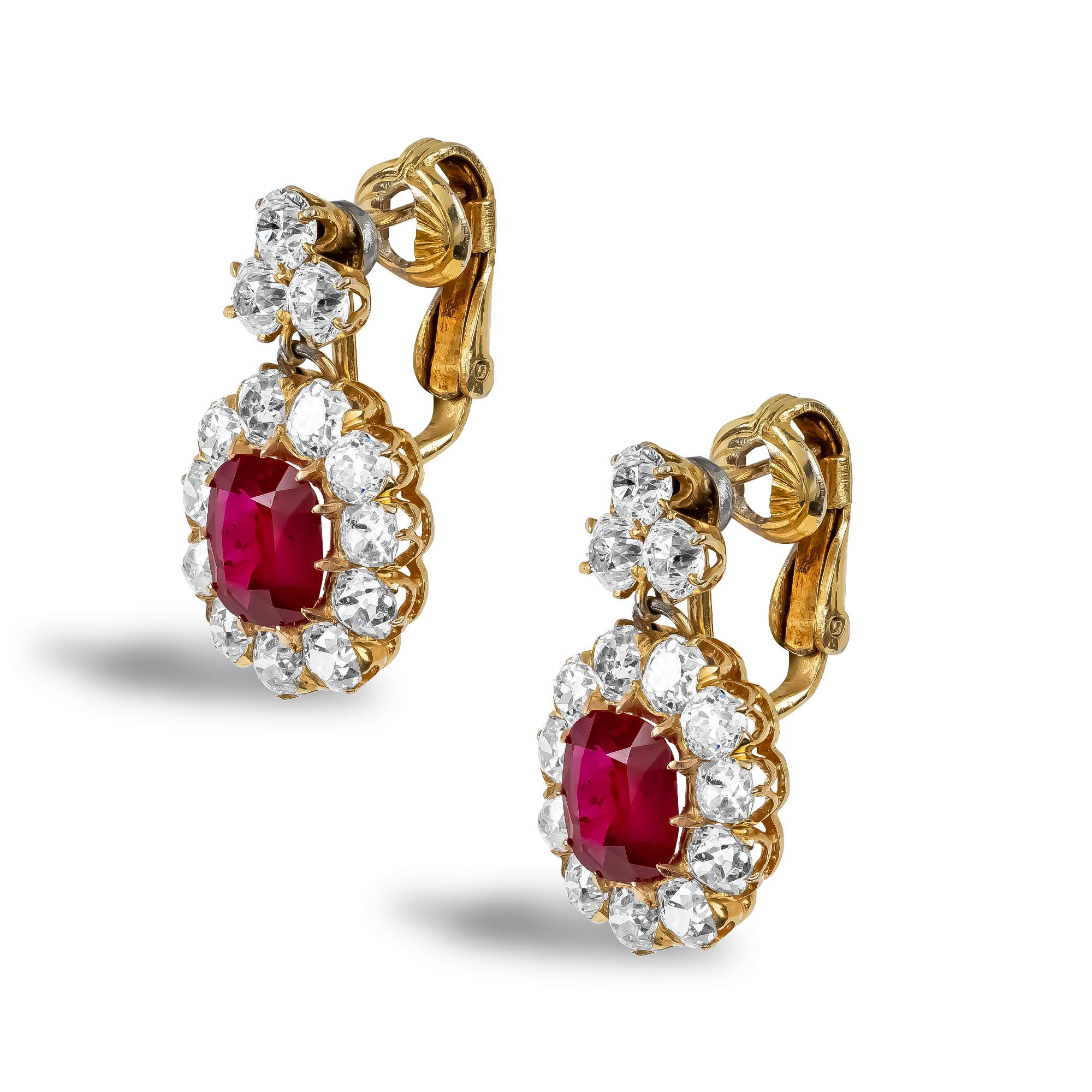 Victorian 3.58ct Burmese Ruby and Diamond Drop Earrings Antique Cushion Cut, Claw Set_2