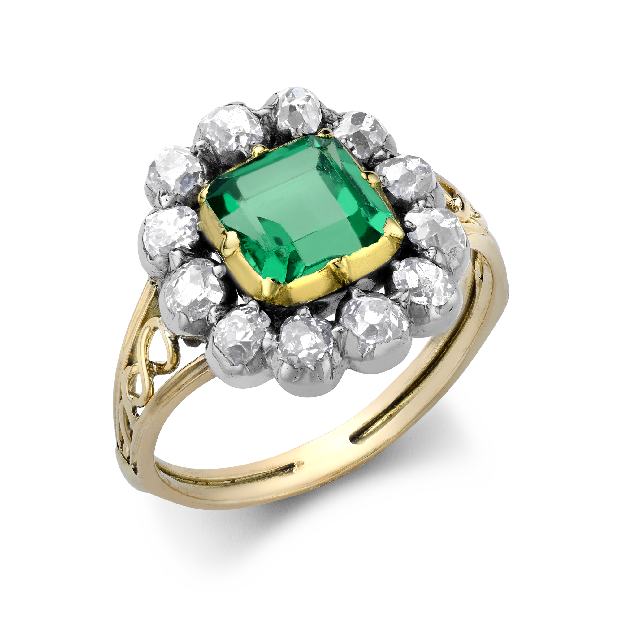 Victorian 1.16ct Colombian Emerald and Diamond Cluster Ring Octagonal Cut, Claw Set_1