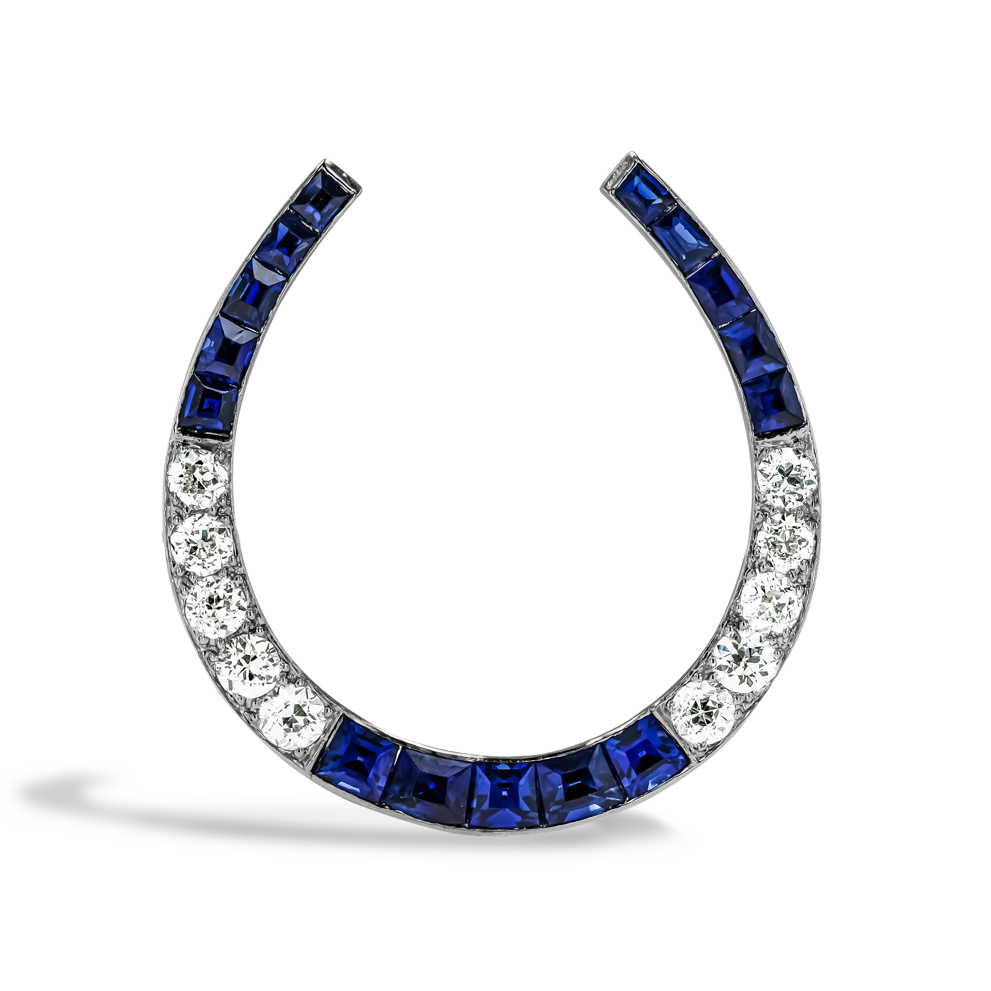 Art Nouveau Sapphire and Diamond Horseshoe Brooch Calibre Cut, Channel Set_1