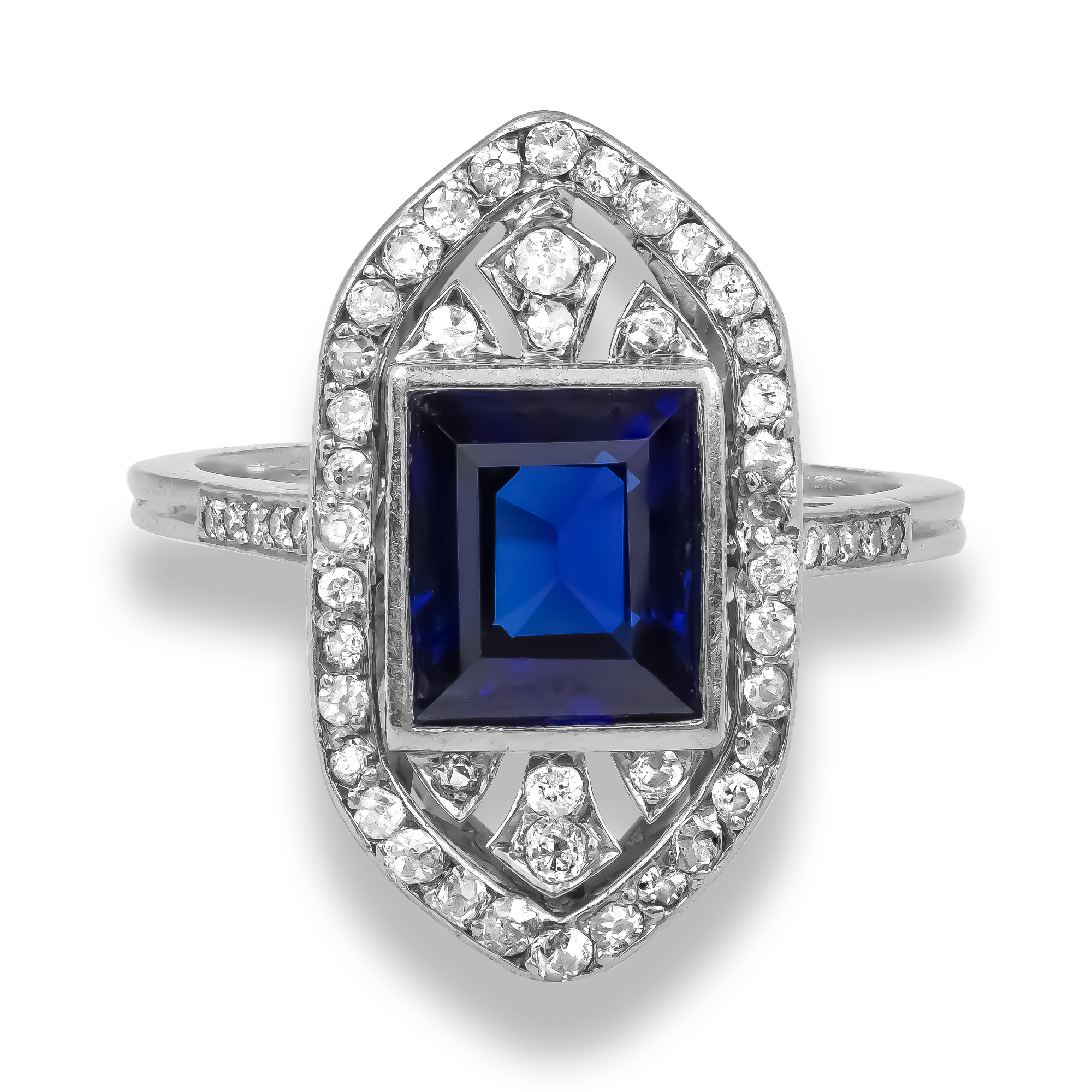 Art Deco Emerald Cut Sapphire and Diamond Ring Emerald & Old Cut, Rubover Set_2