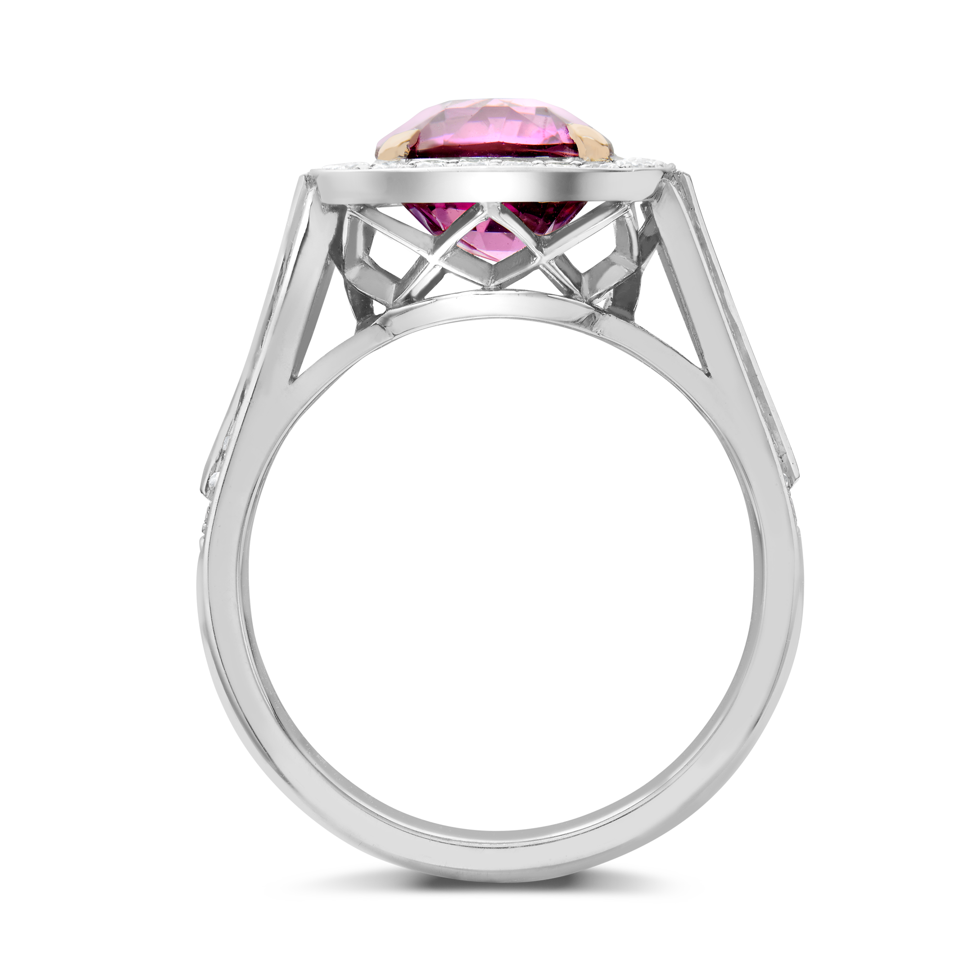 Pink Sapphire and Diamond Cluster Ring Cushion & Brilliant Cut, Claw & Channel Set_3