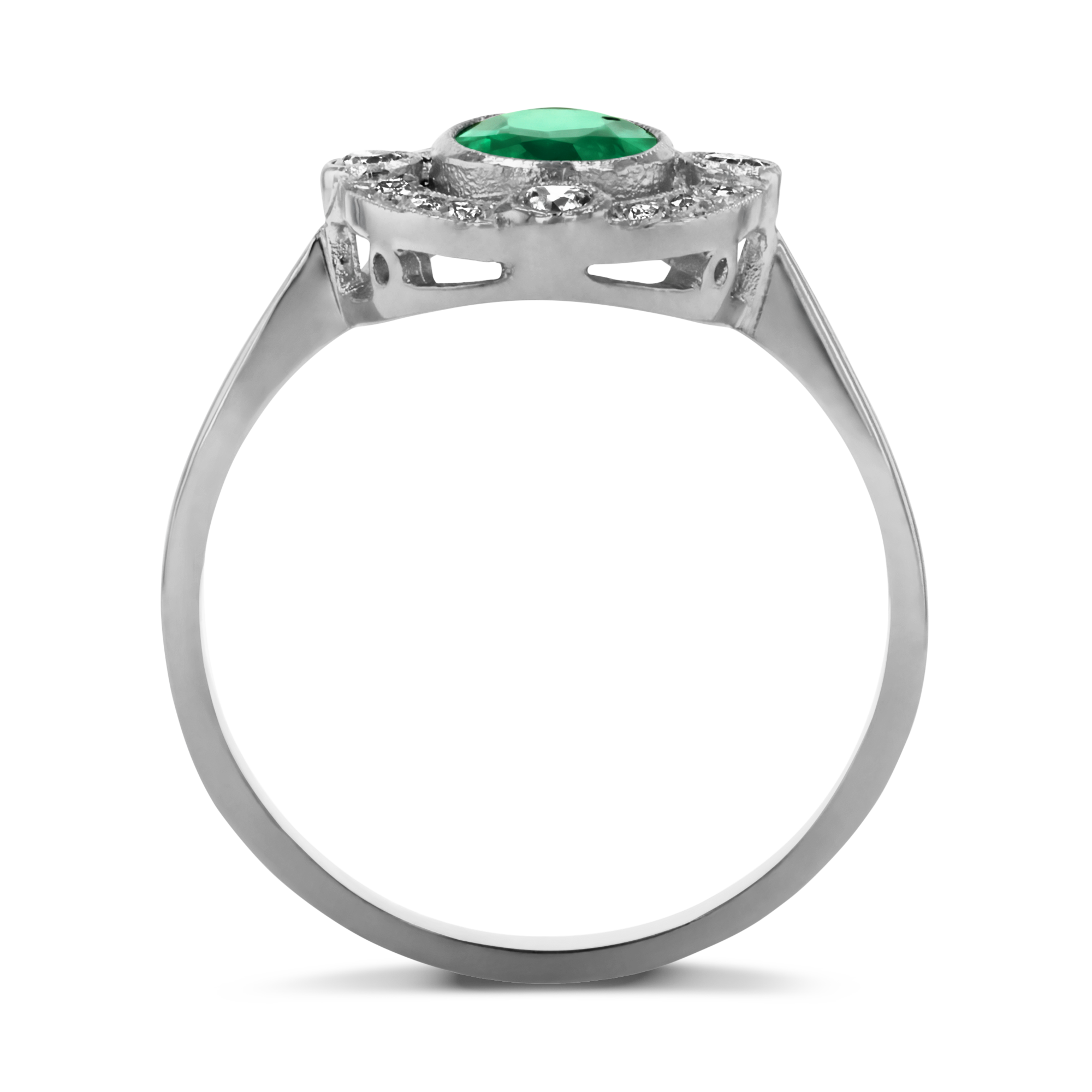 Art Deco Inspired Emerald & Diamond Ring Oval & Brilliant Cut, Millegrain Set_3