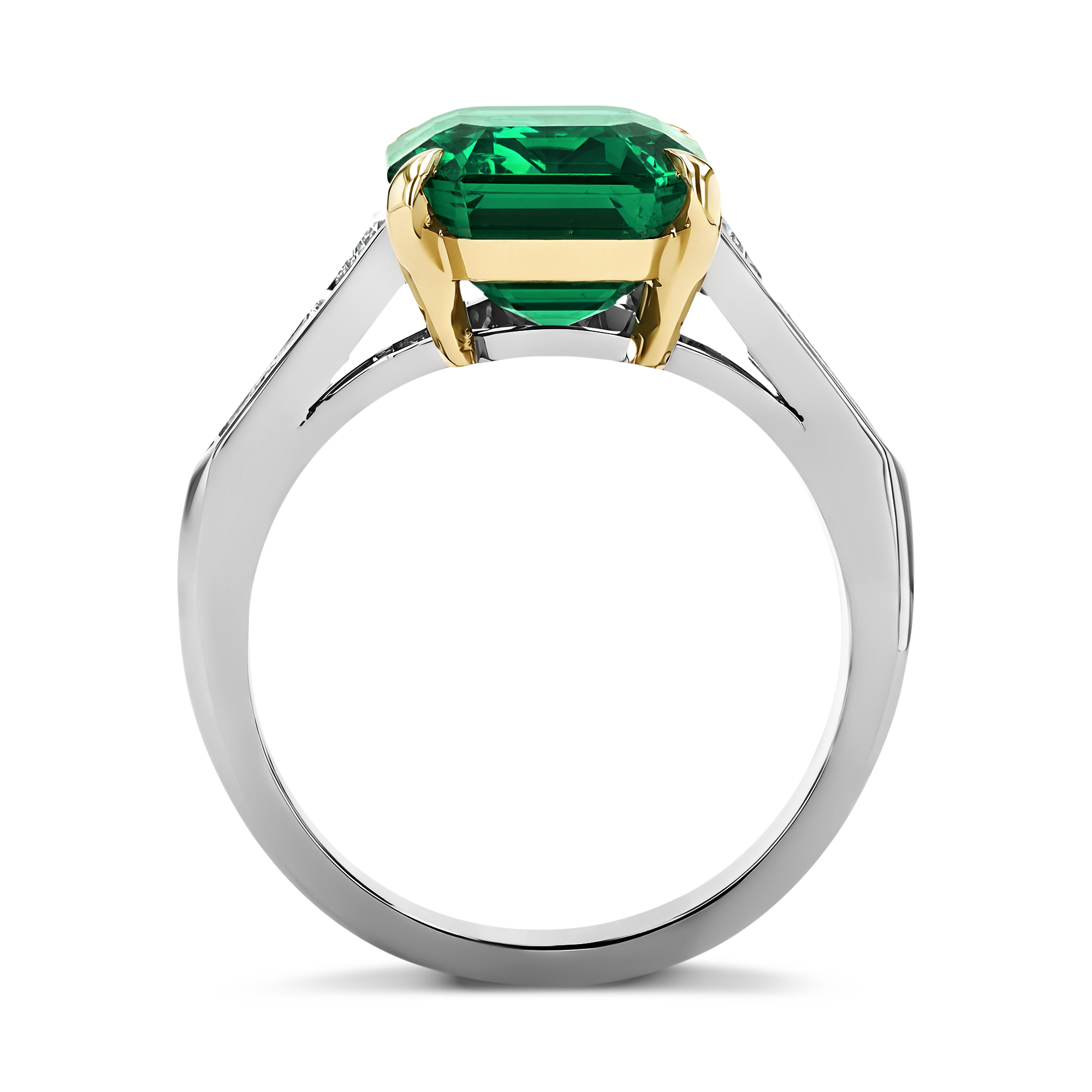 Masterpiece Octagonal Step cut Emerald Ring Four claw set flanked with Trapeze and Bullet cut Diamonds_3