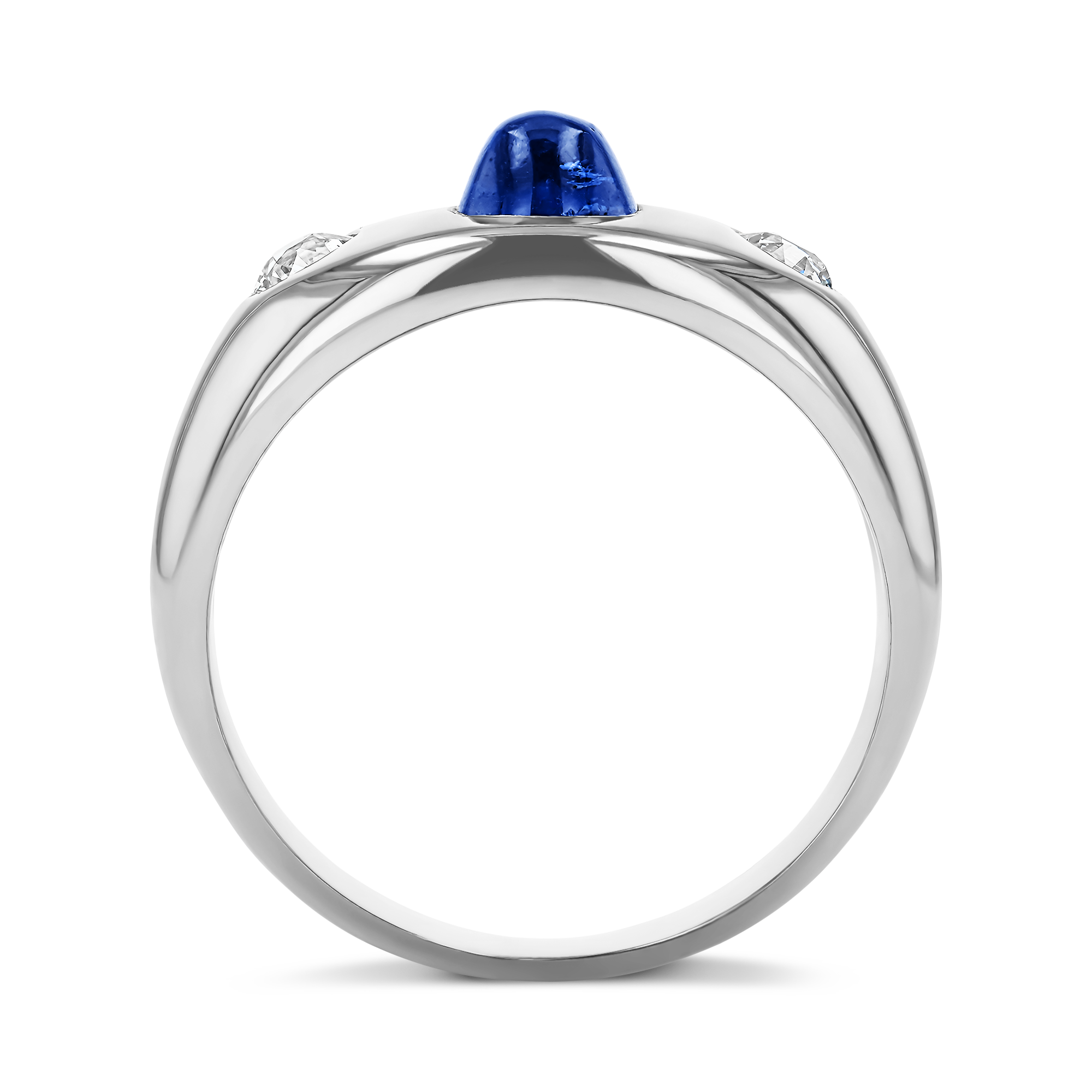 Cabochon Cut Blue Sapphire and Diamond Ring Cabochon Cut, Rubover Set_3