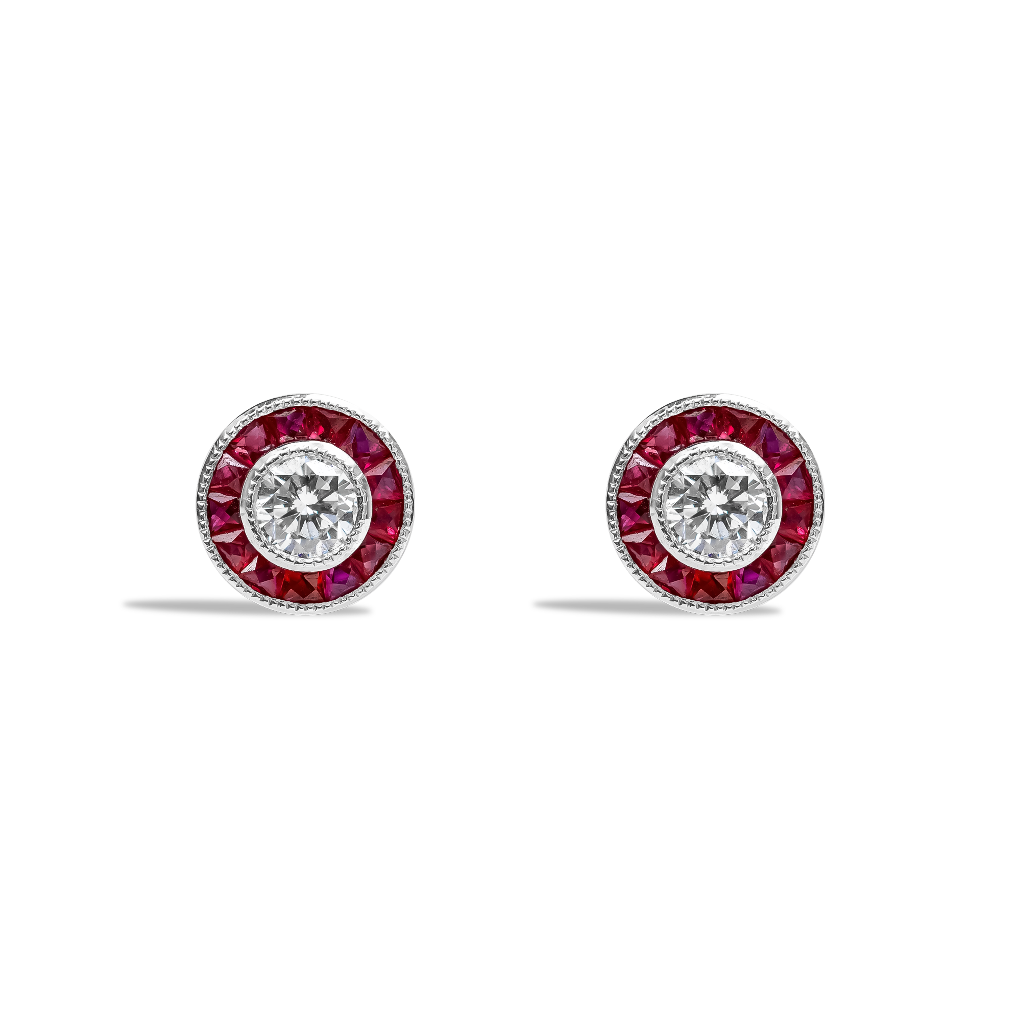 Brilliant Cut Ruby and Diamond Cluster Earrings Brilliant Cut, Millegrain Set_1