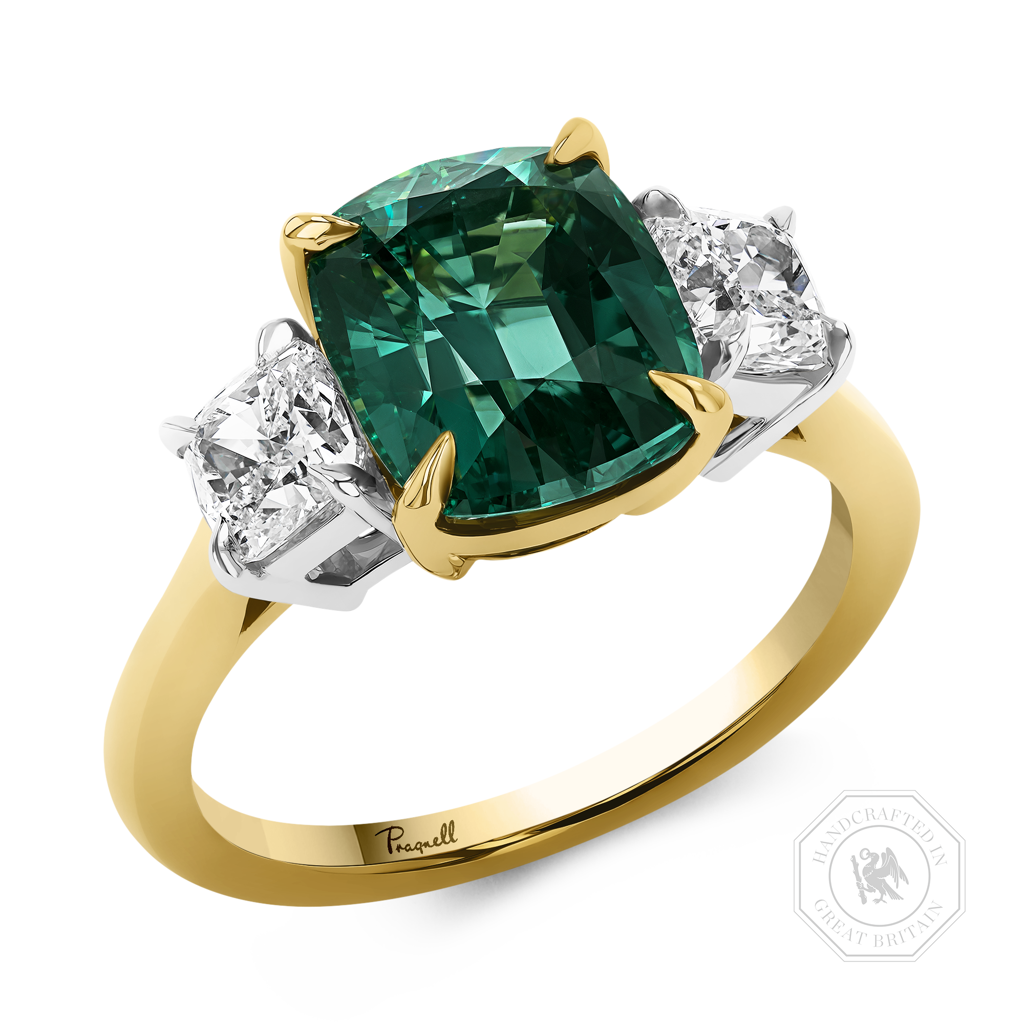 Cushion Cut 3.52ct Namibian Lagoon Tourmaline and Diamond Three Stone Ring Cushion modern cut, Claw set_1