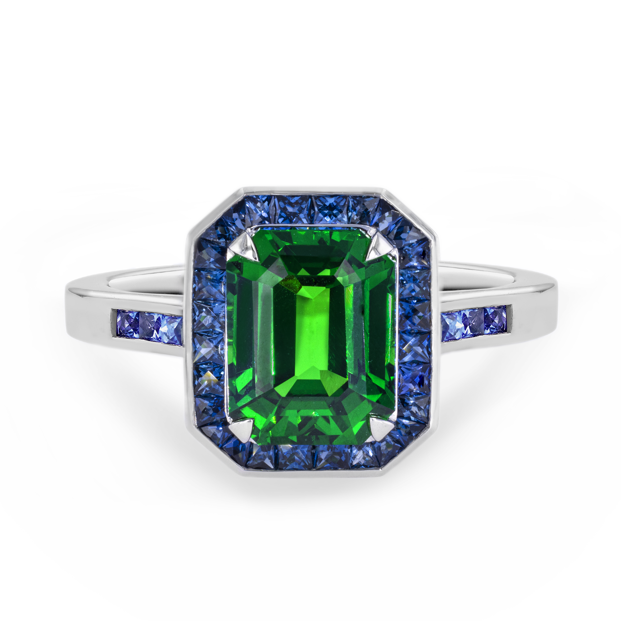 Gatsby 3.07ct Tsavorite Garnet Ring with Blue Sapphire Surround Emerald & French Cut, Claw & Channel Set_2