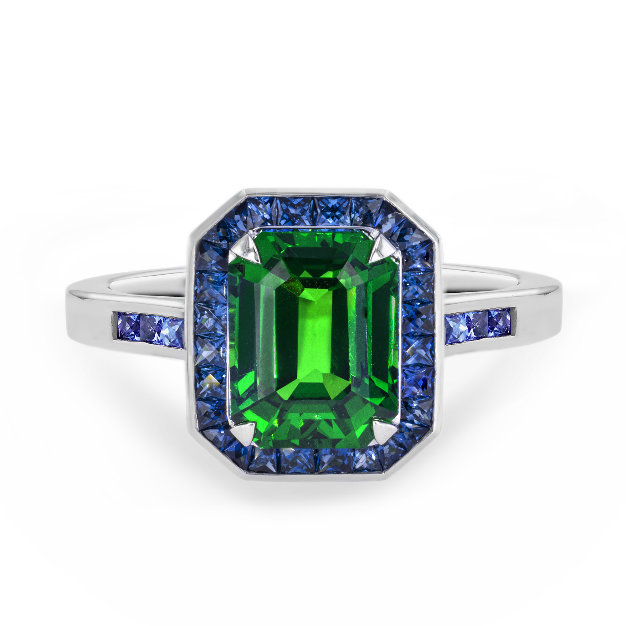 Gatsby 3.07ct Tsavorite Garnet Ring with Blue Sapphire Surround Emerald & French Cut, Claw & Channel Set_2