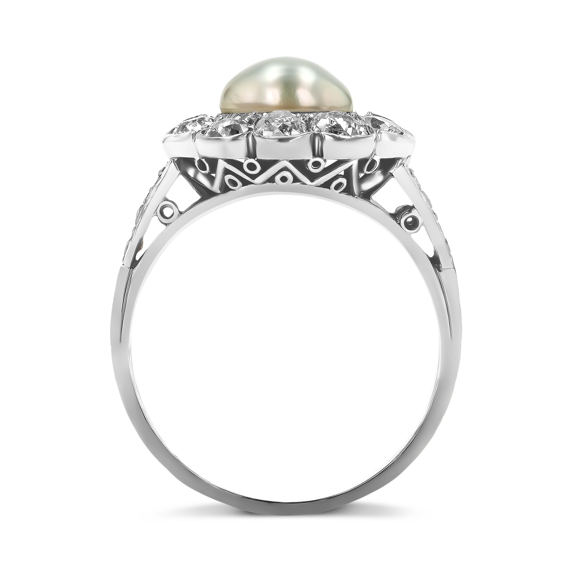 Edwardian Pearl and Diamond Cluster Ring Old Cut, Millegrain Set_3