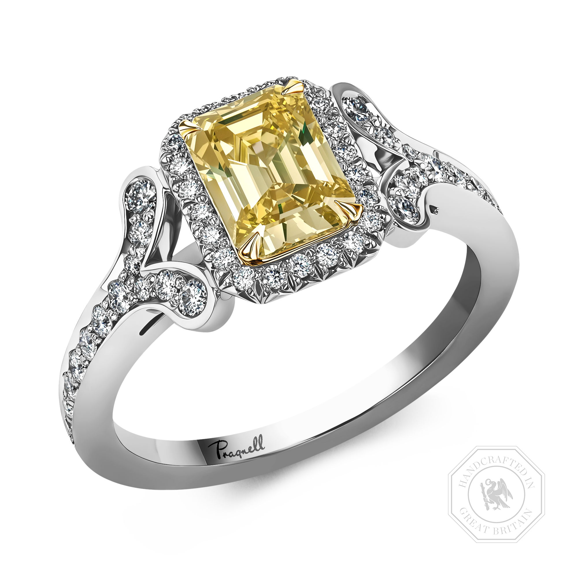 Cléo1.00ct Fancy Intense Yellow Diamond Cluster Ring Emerald Cut, Claw Set_1