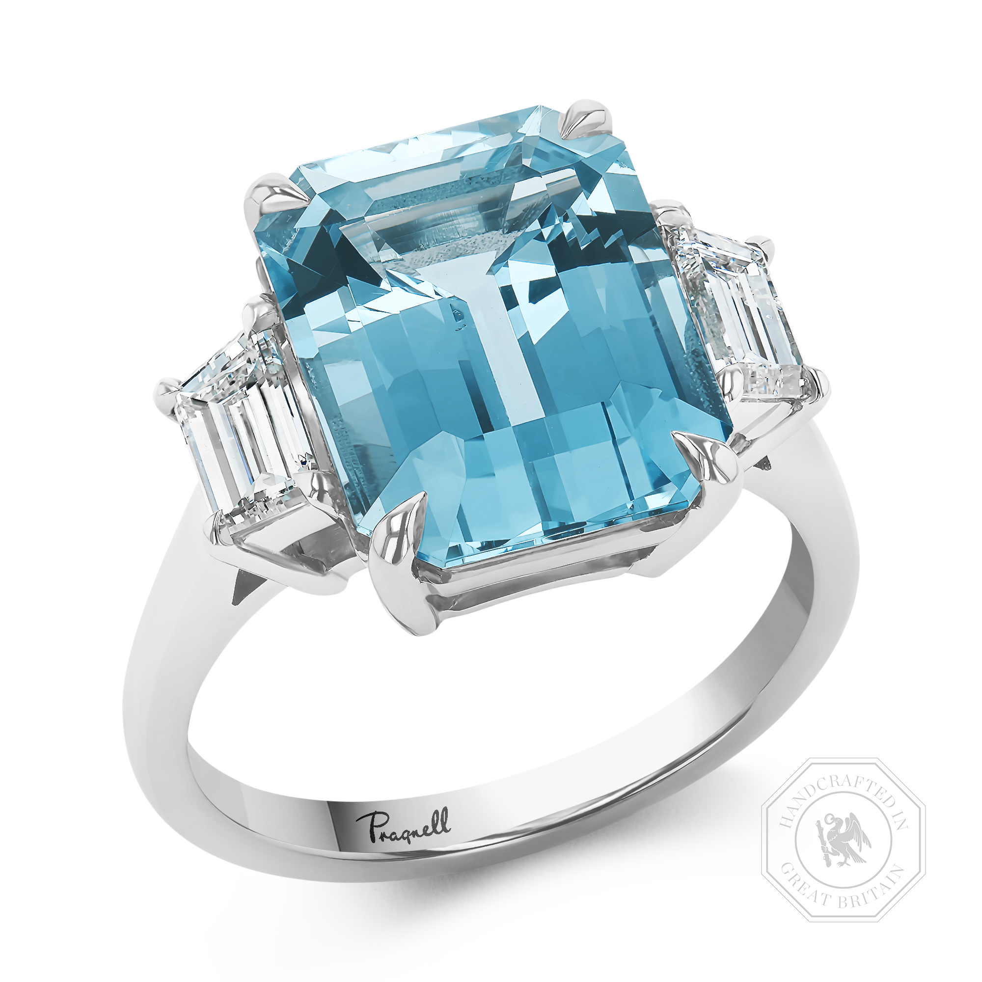 Emerald Cut 5.80ct Lukusuzi Aquamarine and Diamond Ring Emerald & Trapeze Cut, Claw Set_1