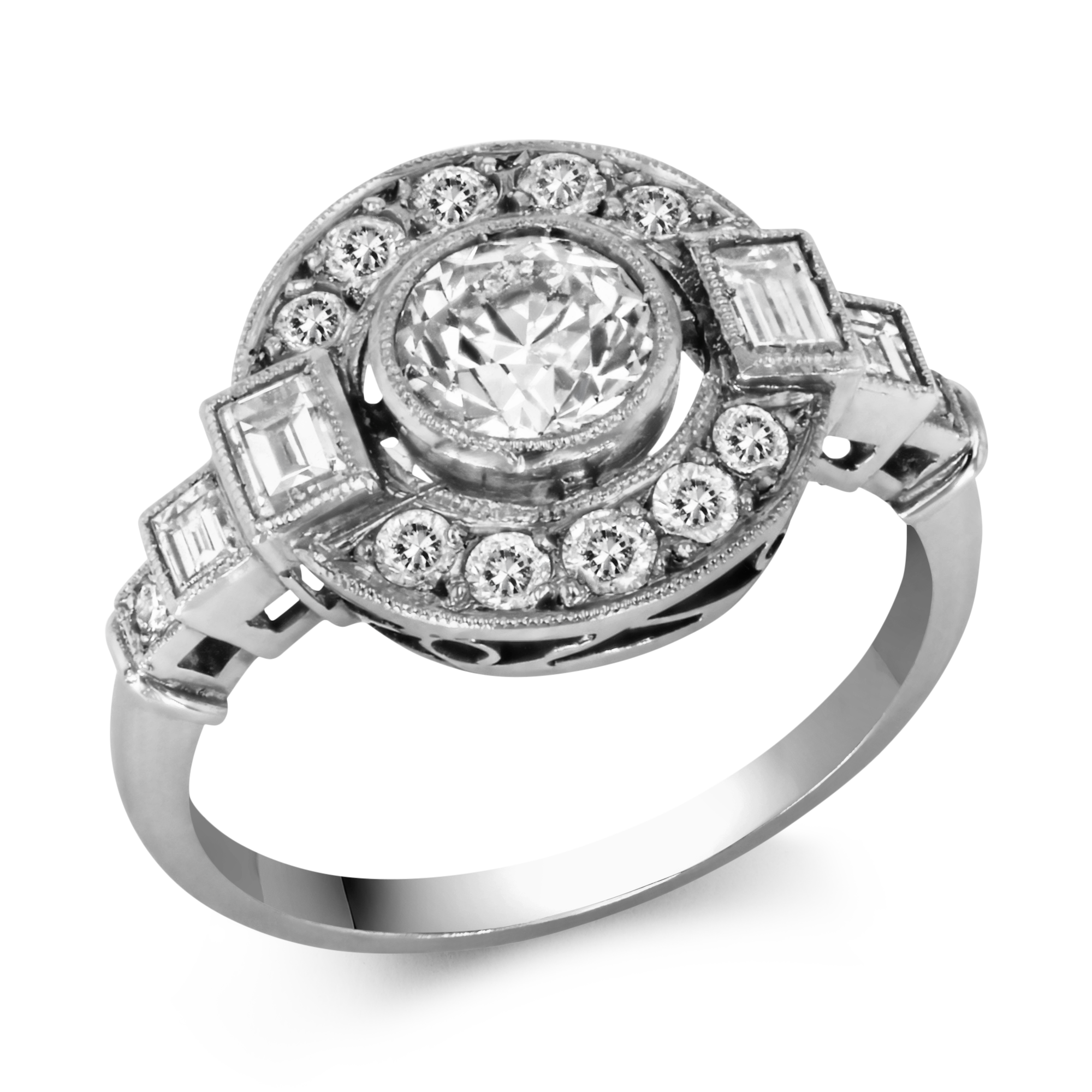 Art Deco Inspired Target Diamond Ring Round & Baguette Cut, Millegrain Set_1