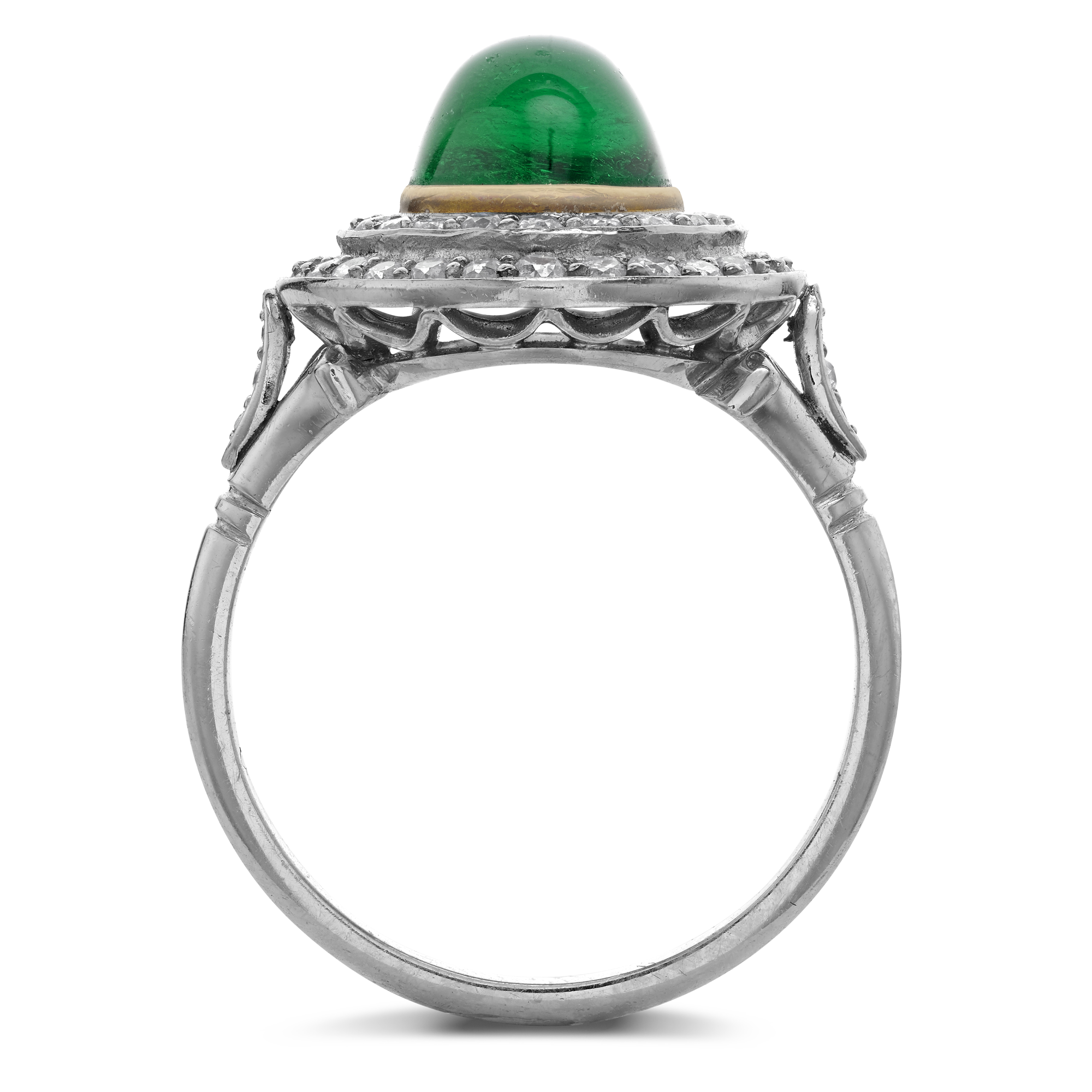 Edwardian Cabochon Colombian Emerald Target Ring Cabochon & Old Cut, Rubover & Claw Set_3