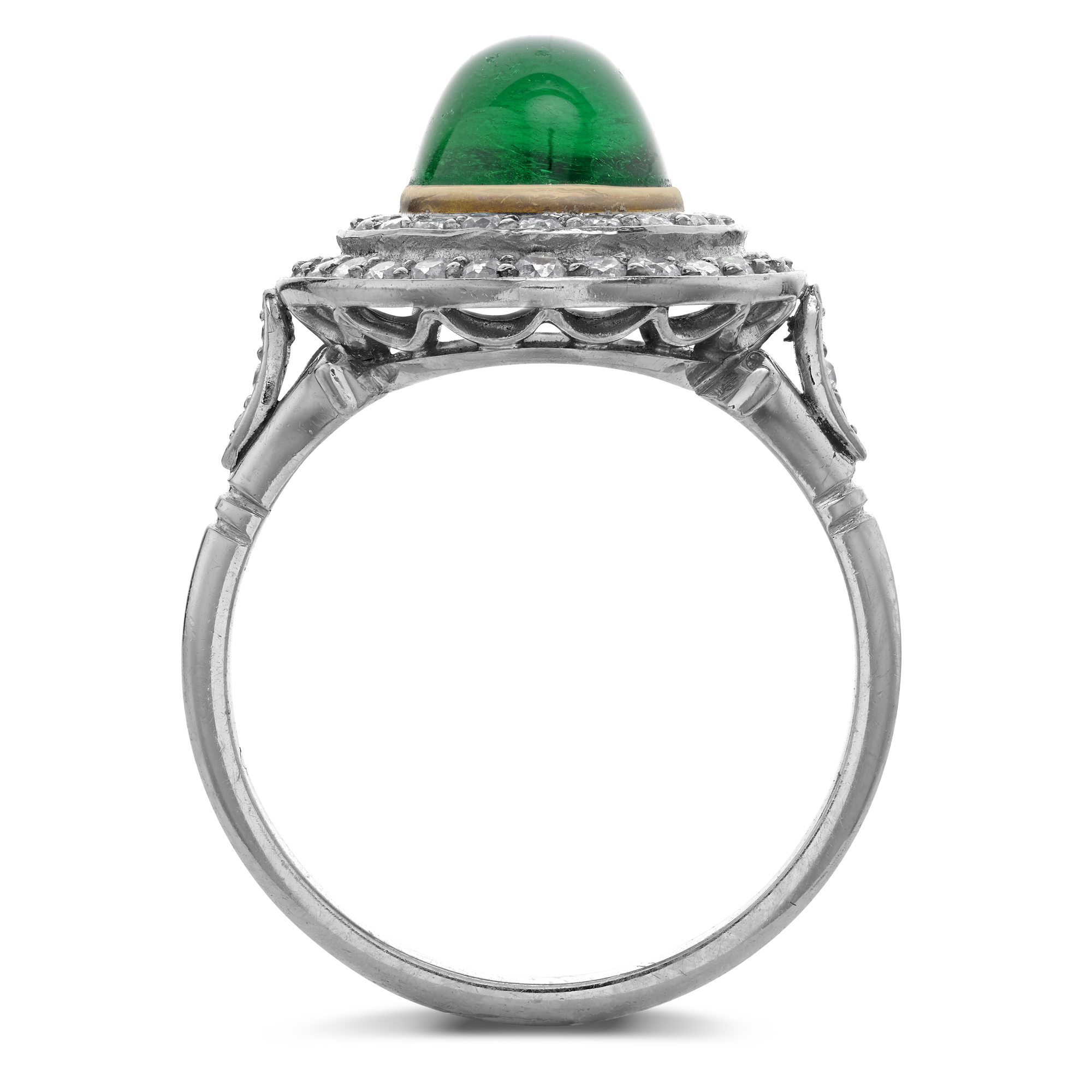 Edwardian Cabochon Colombian Emerald Target Ring Cabochon & Old Cut, Rubover & Claw Set_3