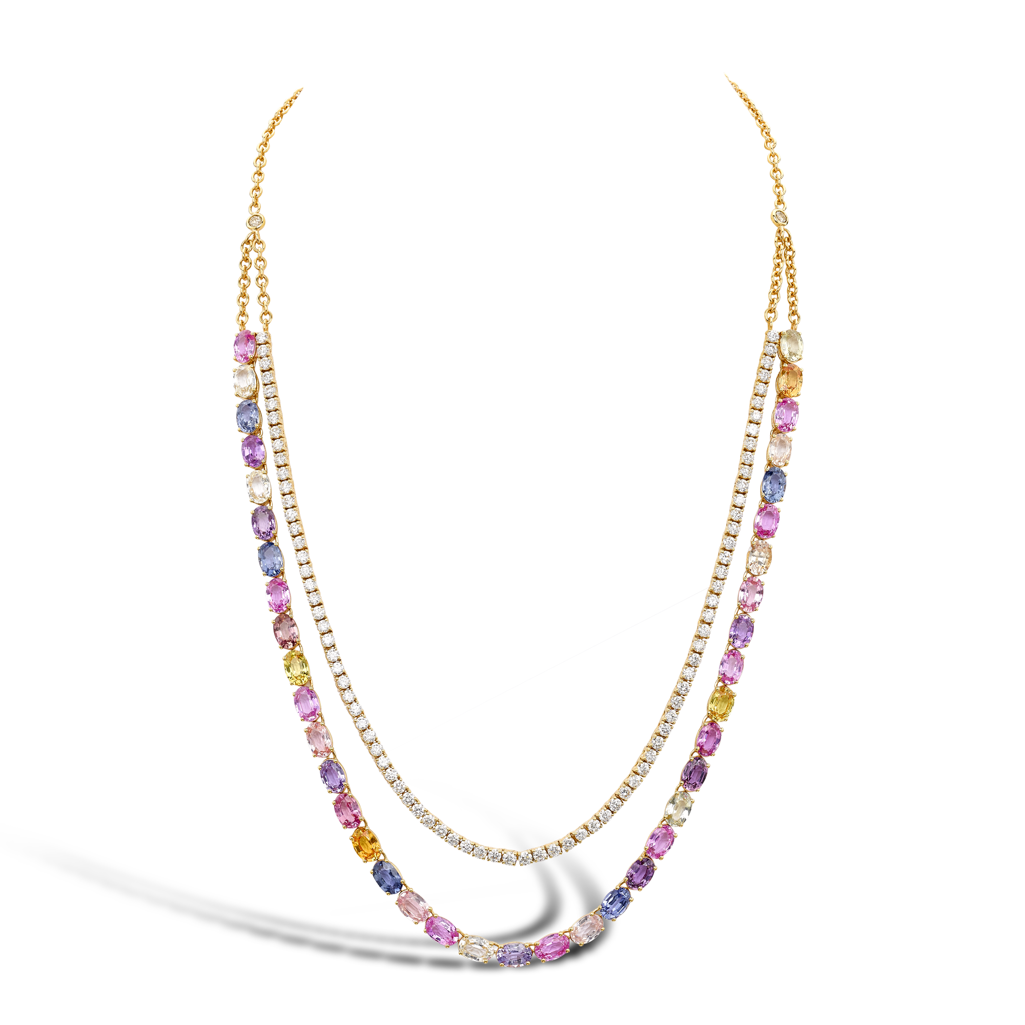Rainbow Fancy Sapphire and Diamond Two-Row Necklace Oval Cut, Claw Set_1