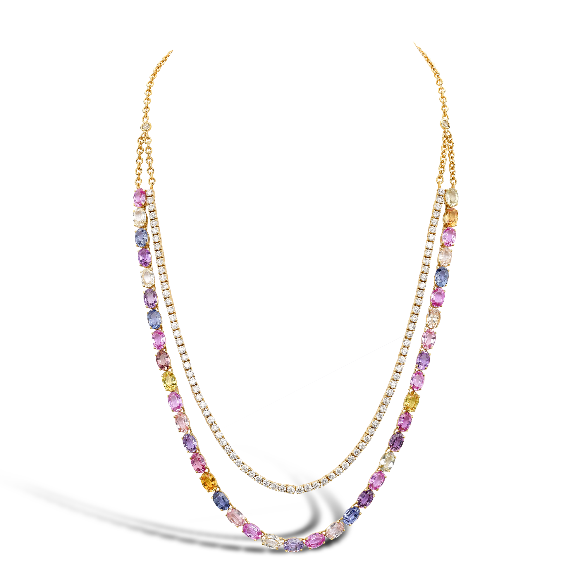 Rainbow Fancy Sapphire and Diamond Two-Row Necklace Oval Cut, Claw Set_1