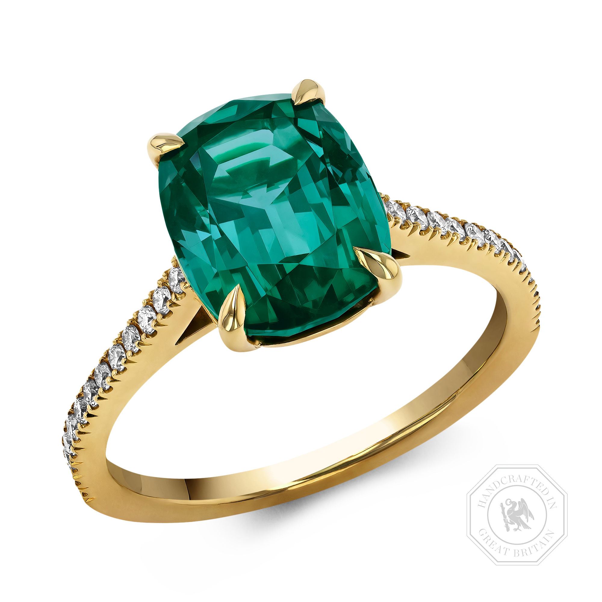 Vivid Green Tourmaline & Diamond Ring Cushion & Brilliant Cut, Claw Set_1