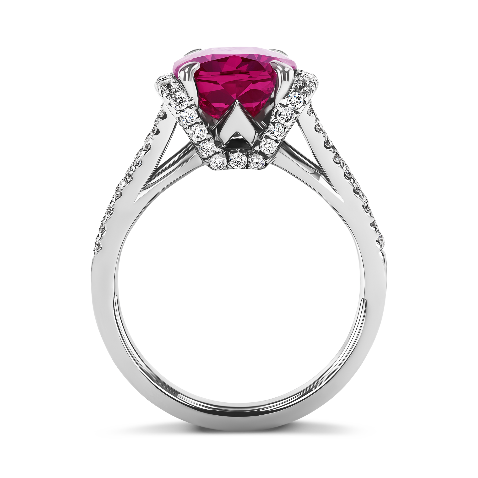 Pink Tourmaline and Diamond Ring with Diamond Set Shoulders Cushion Modern, Claw Set_3