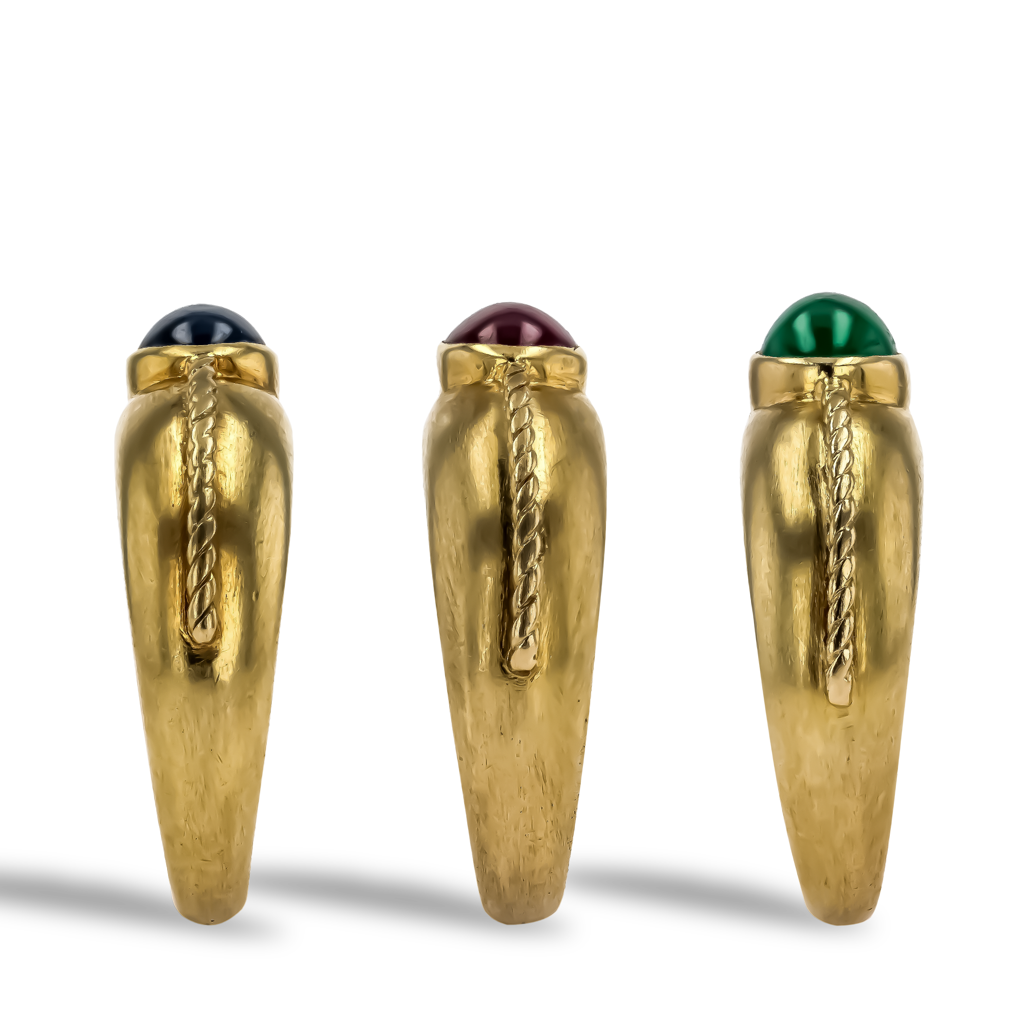 1960s Emerald, Ruby and Sapphire Trio of Rings Cabochon Cut, Rubover Set_4