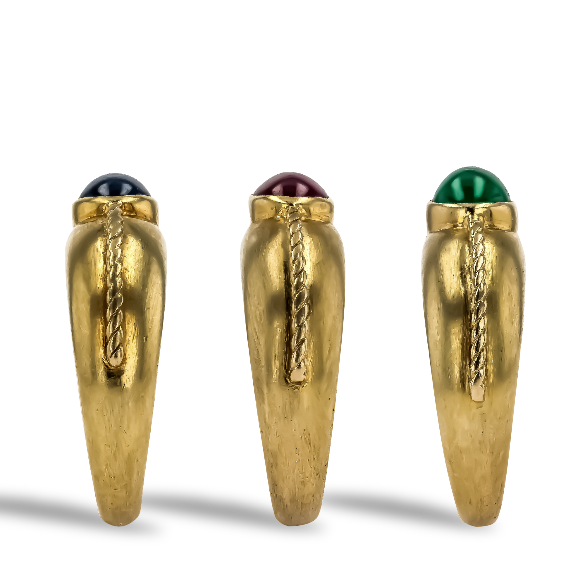 1960s Emerald, Ruby and Sapphire Trio of Rings Cabochon Cut, Rubover Set_4