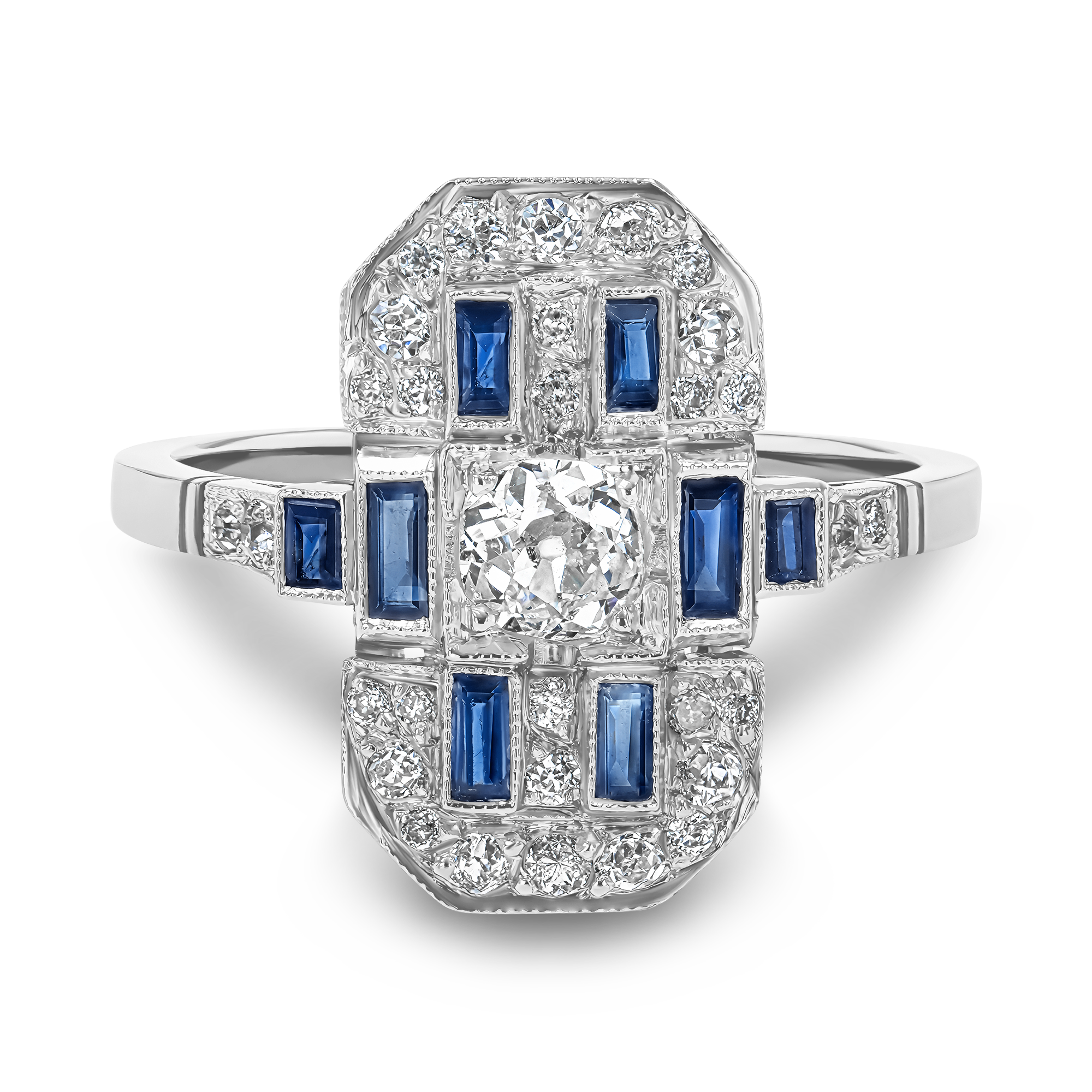 Art Deco Old European Cut Diamond and Sapphire Plaque Ring Old European Cut, Pave Set_2