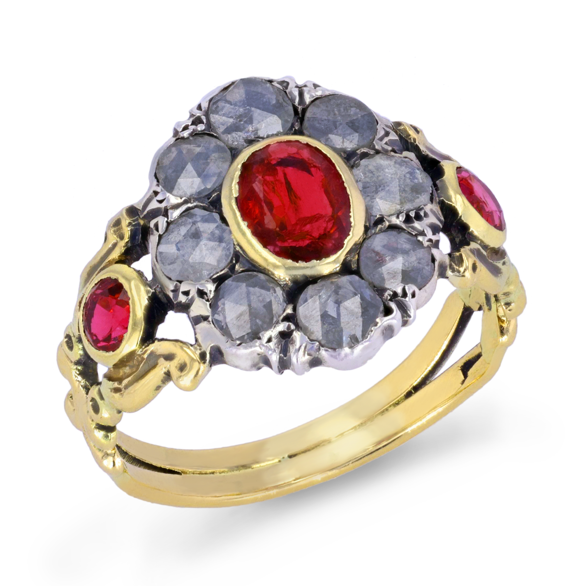 Georgian Ruby & Diamond Floral Cluster Ring Oval & Rose Cut, Rubover Set_1