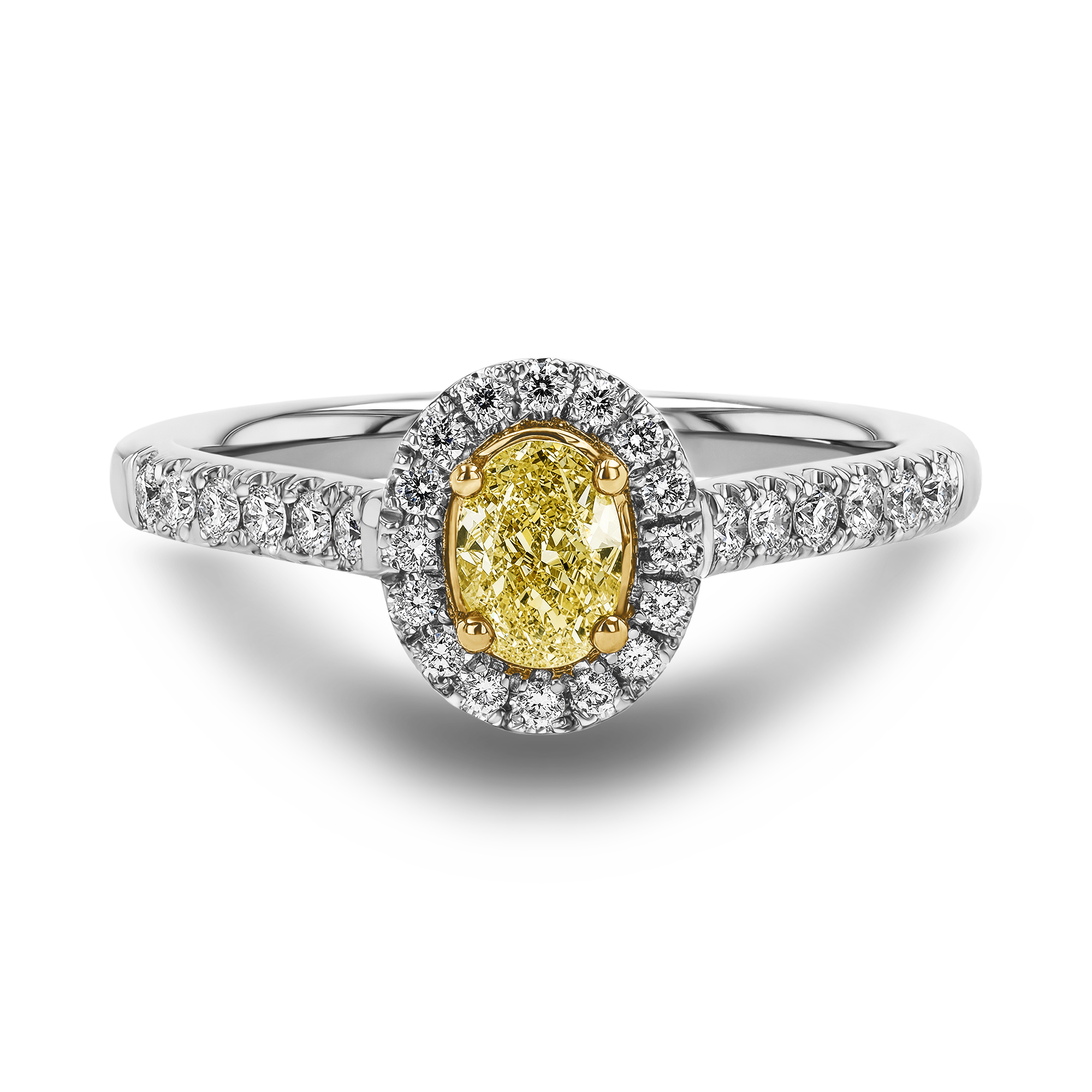 Fancy Yellow Diamond Cluster Ring with Diamond Surround and Shoulders Oval Cut, Four Claw Set_2