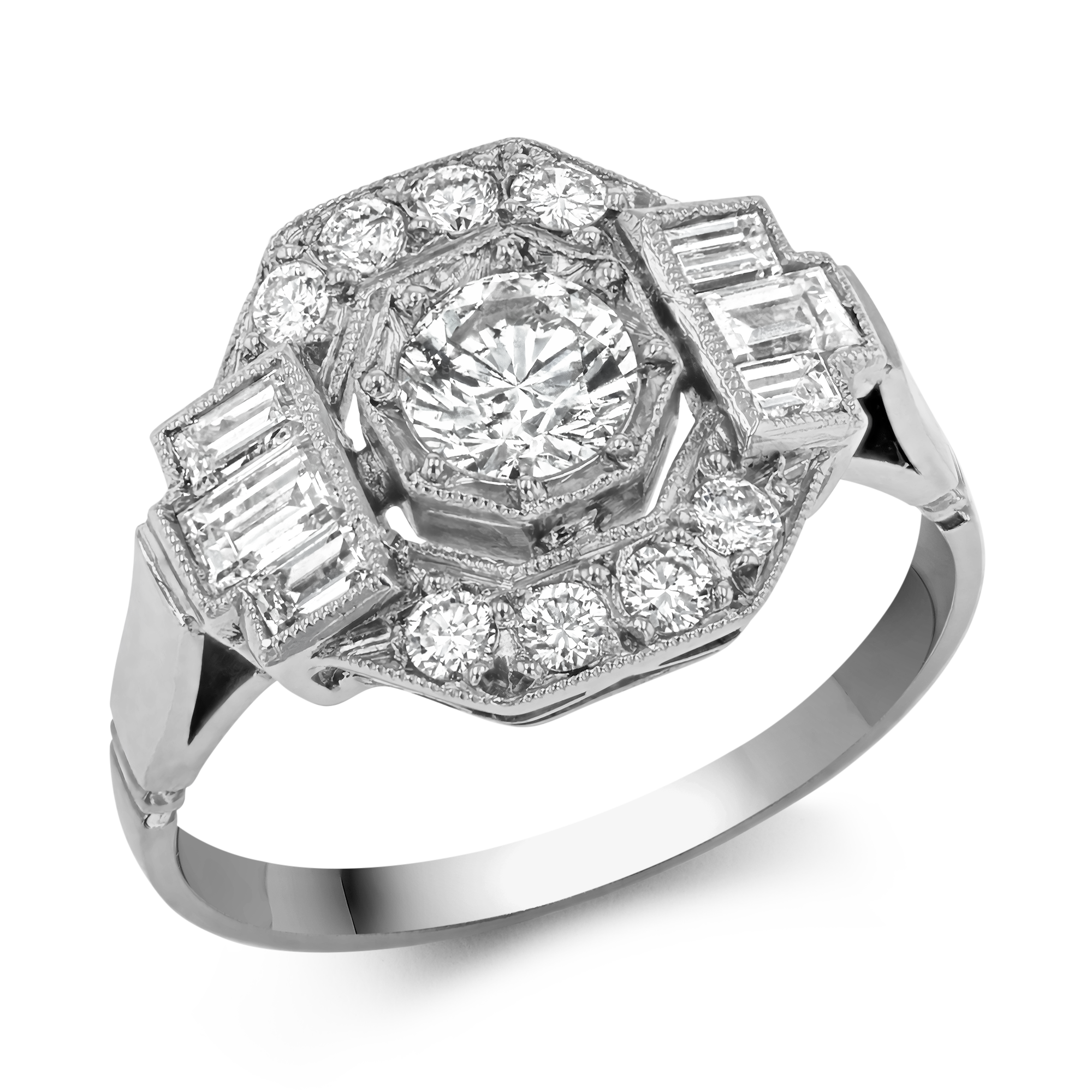 Art Deco Inspired Octagonal Diamond Ring Round & Baguette Cut, Millegrain Set_1