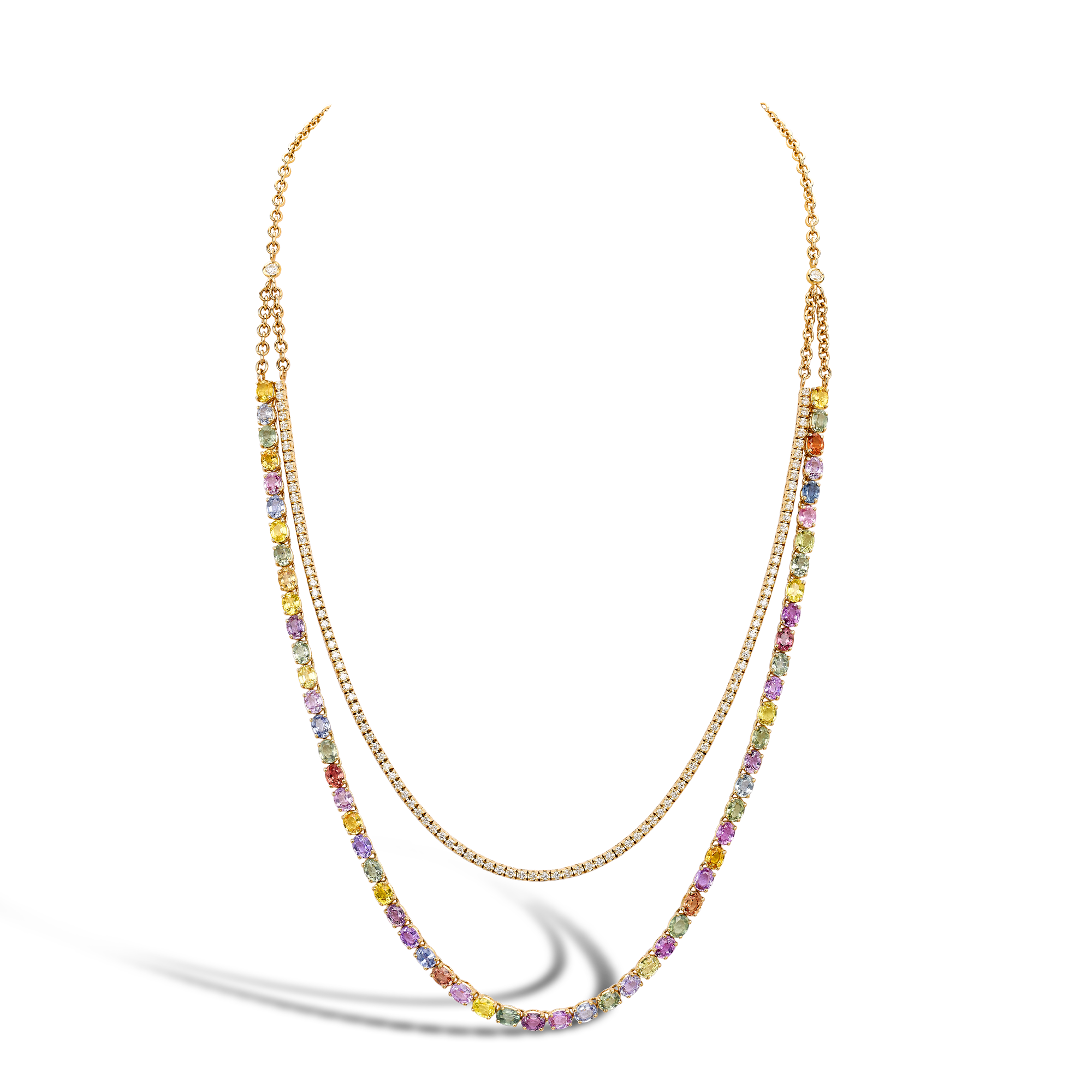 Rainbow Fancy Sapphire and Diamond Two-Row Necklace Oval Cut, Claw Set_1